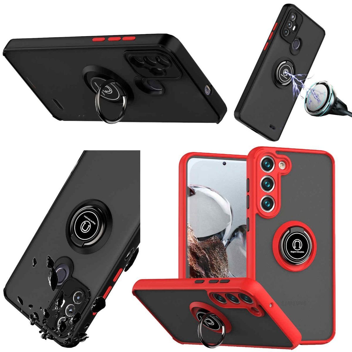 Wigento Handyhülle Für Samsung Galaxy S23 Plus TPU / PC Design Ring Cover Handy Tasche Hülle Schutz Etuis Rot / Schwarz Neu