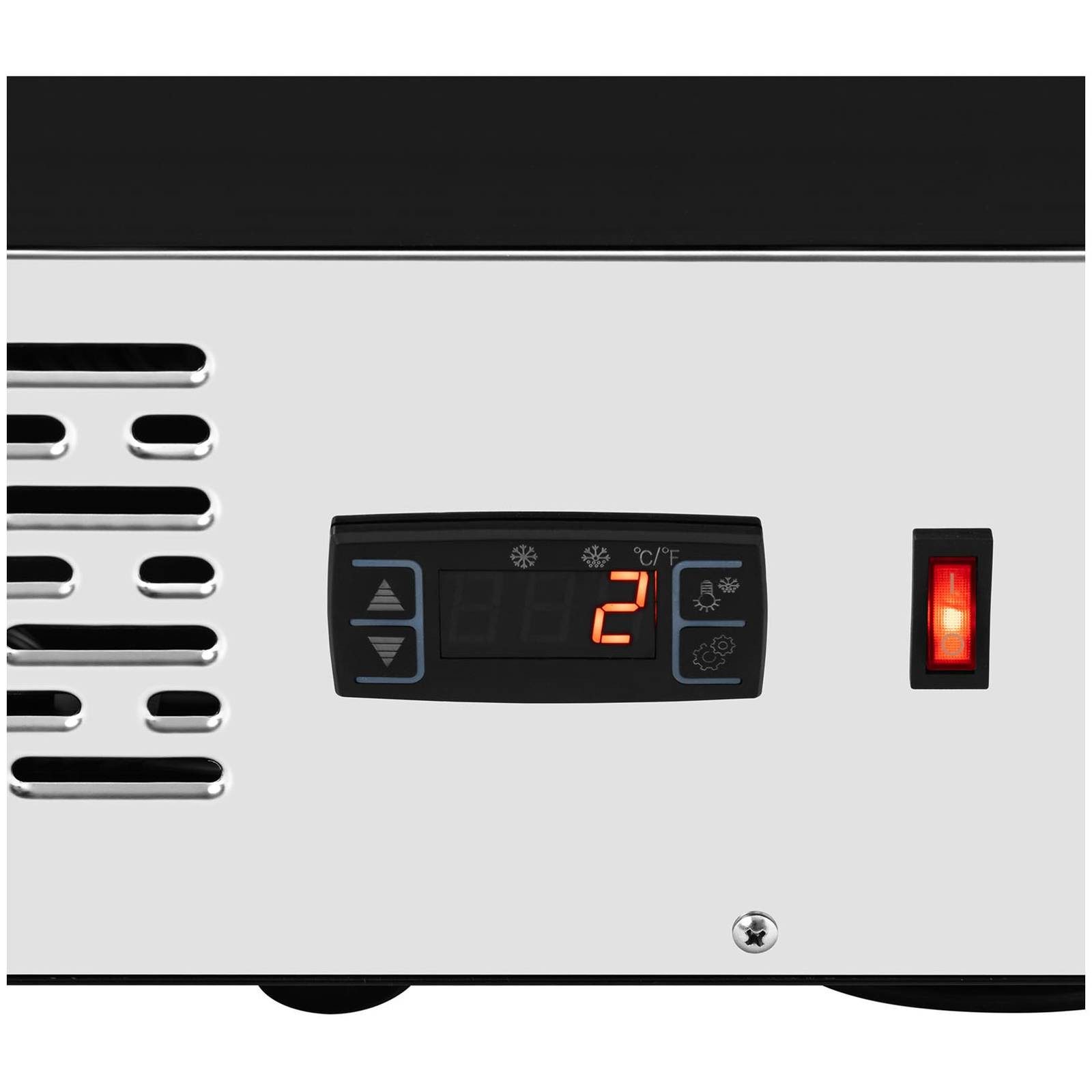 Royal Catering Kühlschrank RCCC-160ST, 69 cm hoch, 57 cm breit, Kühlvitrine 160 L Kuchentheke 3 Ebenen Kühltheke Edelstahl + Glas 2 -