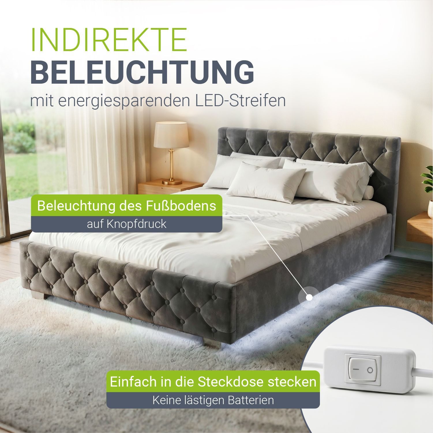 Juskys Polsterbett Nizza, 140x200 cm, LED Licht, Stauraum, Samtbezug, inkl. Matratze