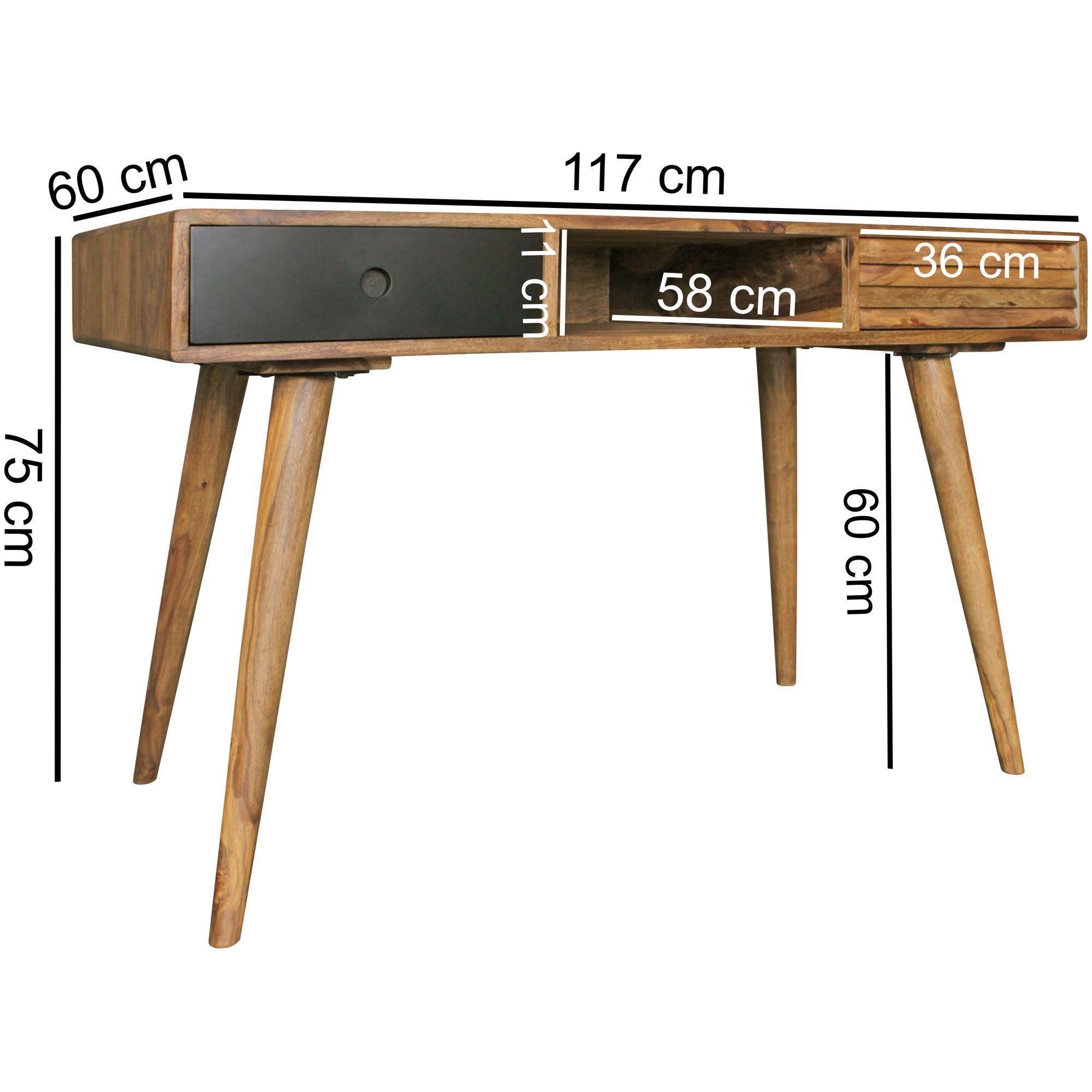 (117x60x75cm Stauraum, Office Bürotisch Schwarz), Home Schreibtisch mit Sheesham PC-Tisch Schubladen WL1.955 Massivholz Wohnling