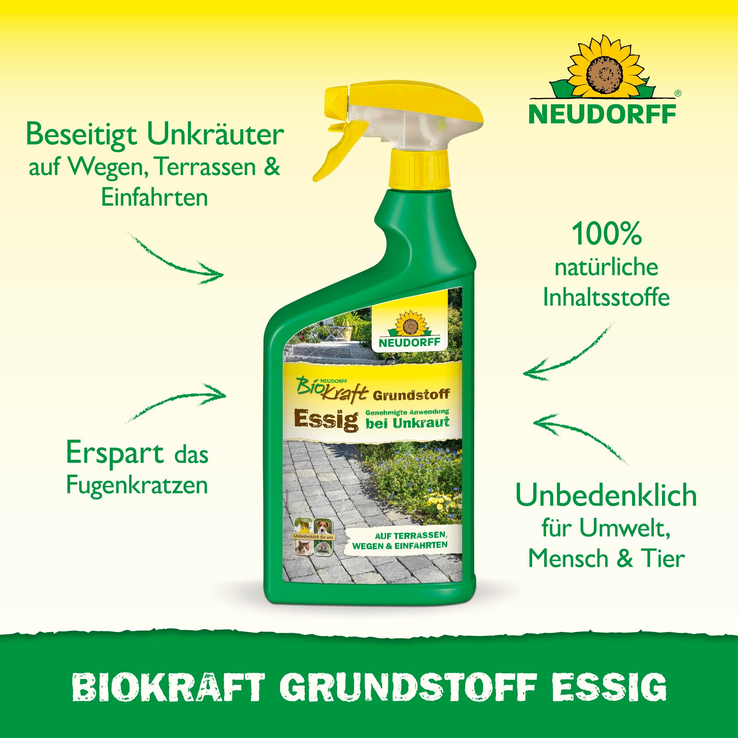 Neudorff Unkrautbekämpfungsmittel Neudorff BioKraft Grundstoff Essig AF 1L für 100m², 100% natürlicher, anwendungsfertiger Unkrautvernichter, für befestigte Flächen wie Wege und Terrassen