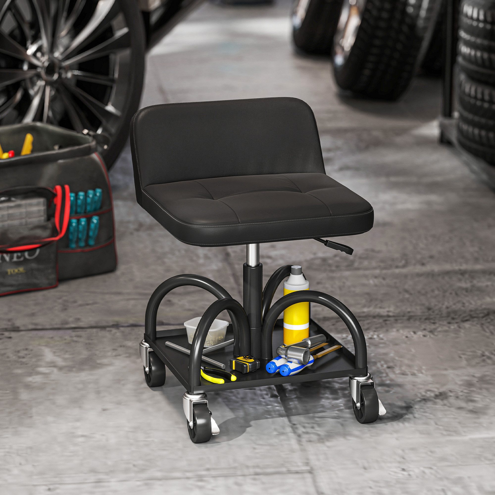 HOMCOM Montagehocker mit Rollen, Ablagefläche, Lendenstütze (Werkstatthocker, 1 St., 58,5 cm hoch Rollhocker), bis 135 kg belastbar, für Werkstatt Schwarz