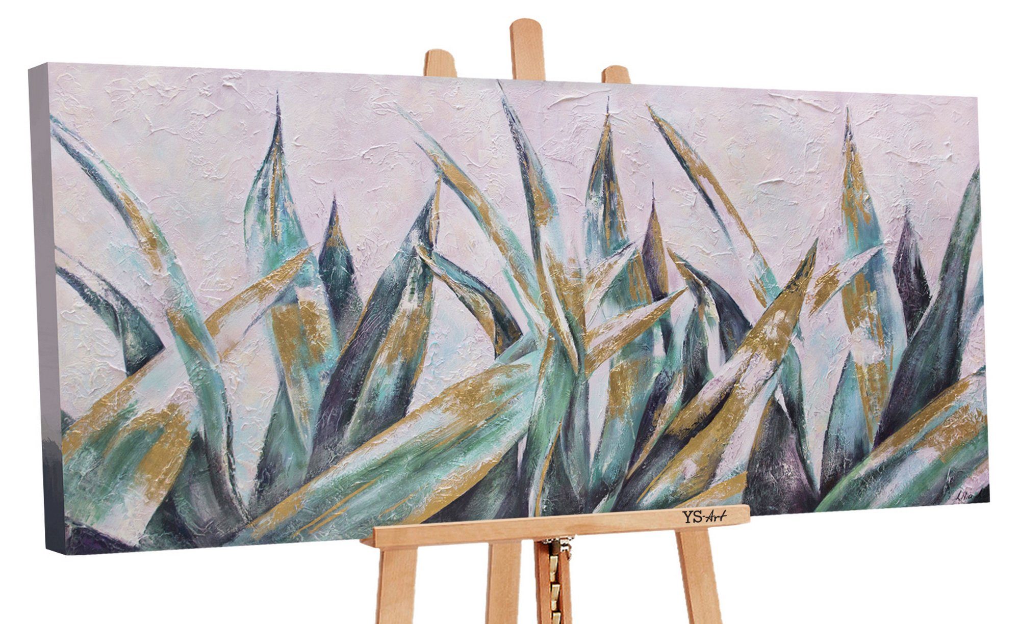 YS-Art Gemälde Herbstnuancen, Blumen, Leinwand Bild Handgemalt Gold Grün Pflanzen Sauerstoff