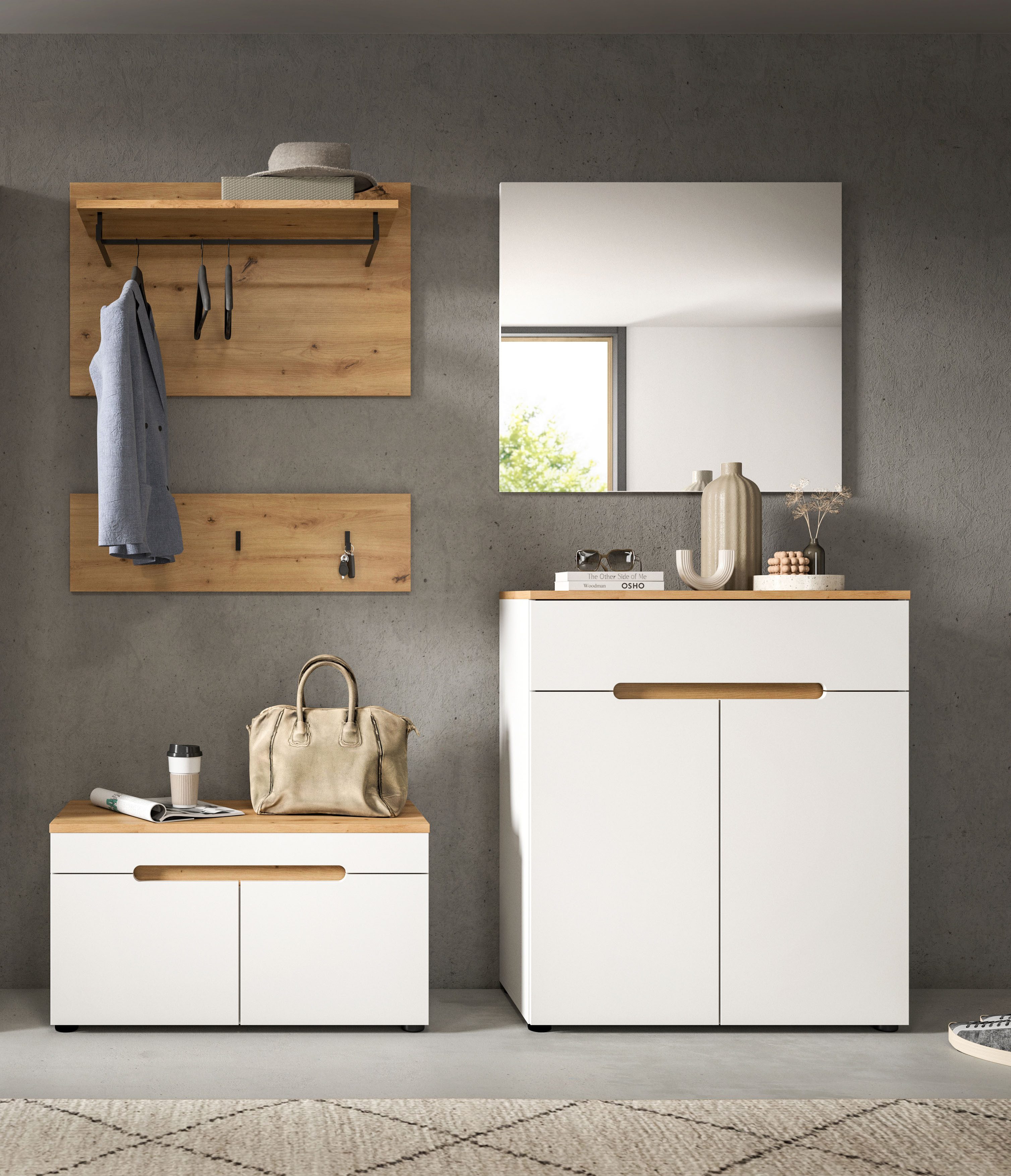 Home affaire Garderoben-Set REHAT, TOPSELLER!, 5-teilig, Breite 175cm, individuell stellbar, (Set, 4-St., bestehend aus: Sitzbank, Paneel, Hakenleiste, Spiegel, Kommode), Garderobenkombination, Kombination, Set, Flurgarderobe, Diele
