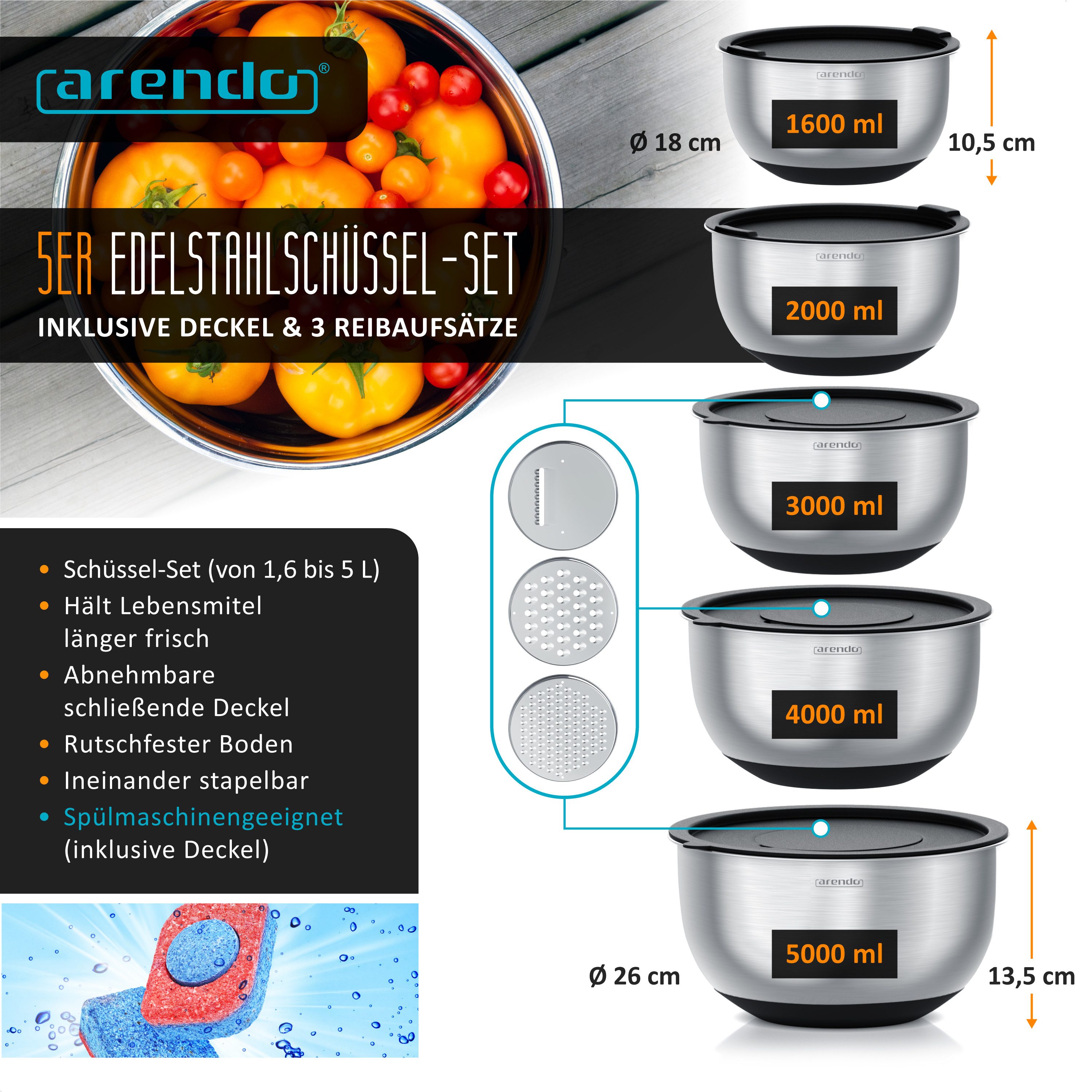 Arendo Salatschüssel 5er Set mit Deckel, Edelstahl Salatschüsseln 1,6 bis 5 L, Rührschüssel, Edelstahl, (Set, 5-tlg), Edelstahlschüssel, 3 Reibaufsätze spülmasc – Bild 2 von 5