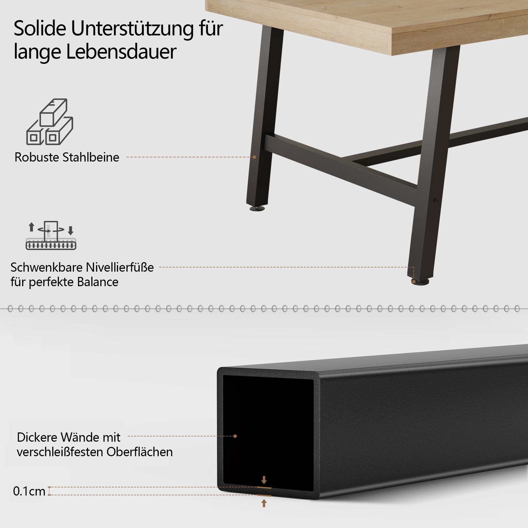 GarveeMore Esstisch 180 cm Großer rechteckiger Esstisch MDF-Tischplatte Holzoptik (1Tisch), Metallgestell Robust Multifunktionaler Esstisch für 6 bis 8 Personen