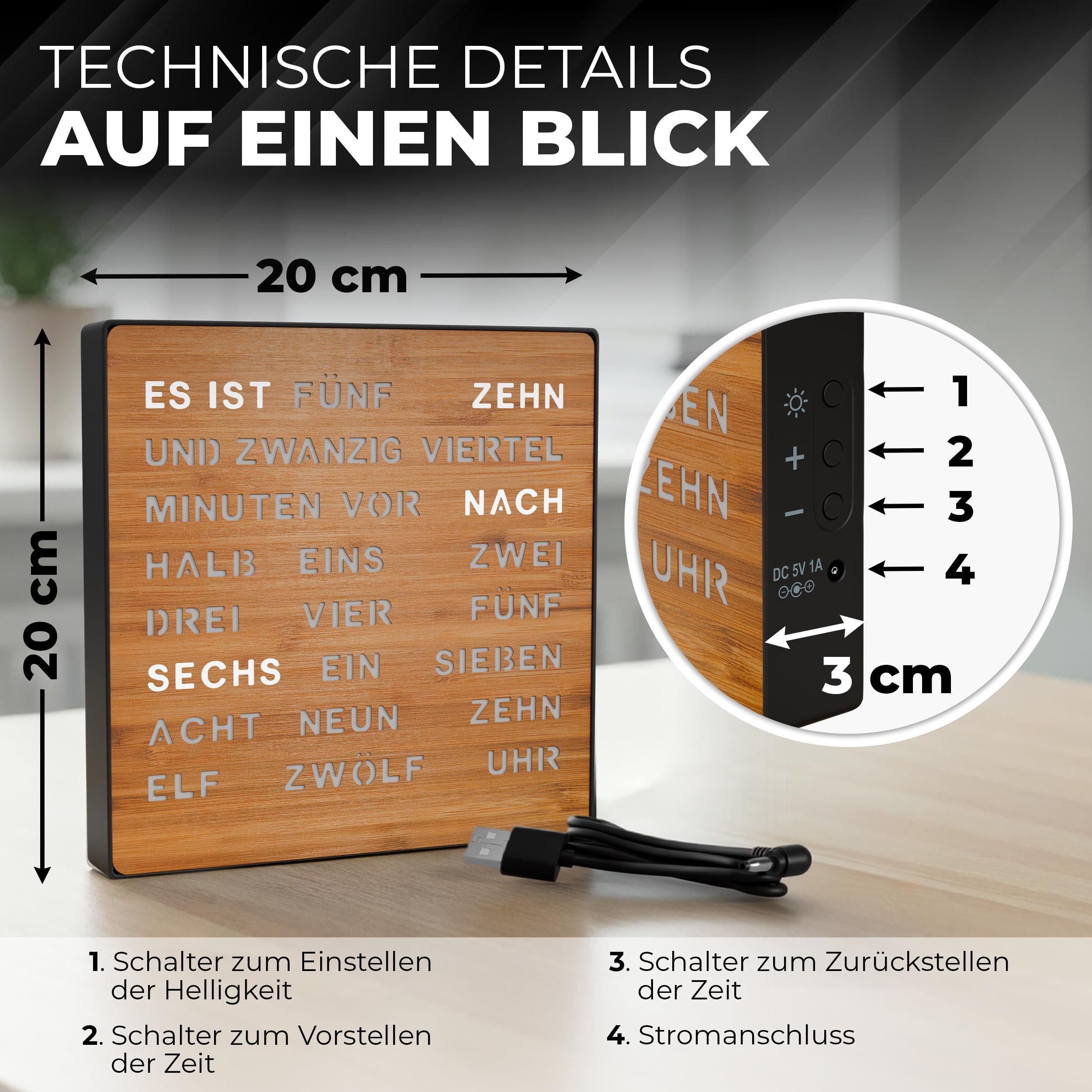 Bada Bing Uhr LED Wortuhr Tischuhr Wanduhr Uhr mit USB Kabel (Bambus Holzfr günstig online kaufen