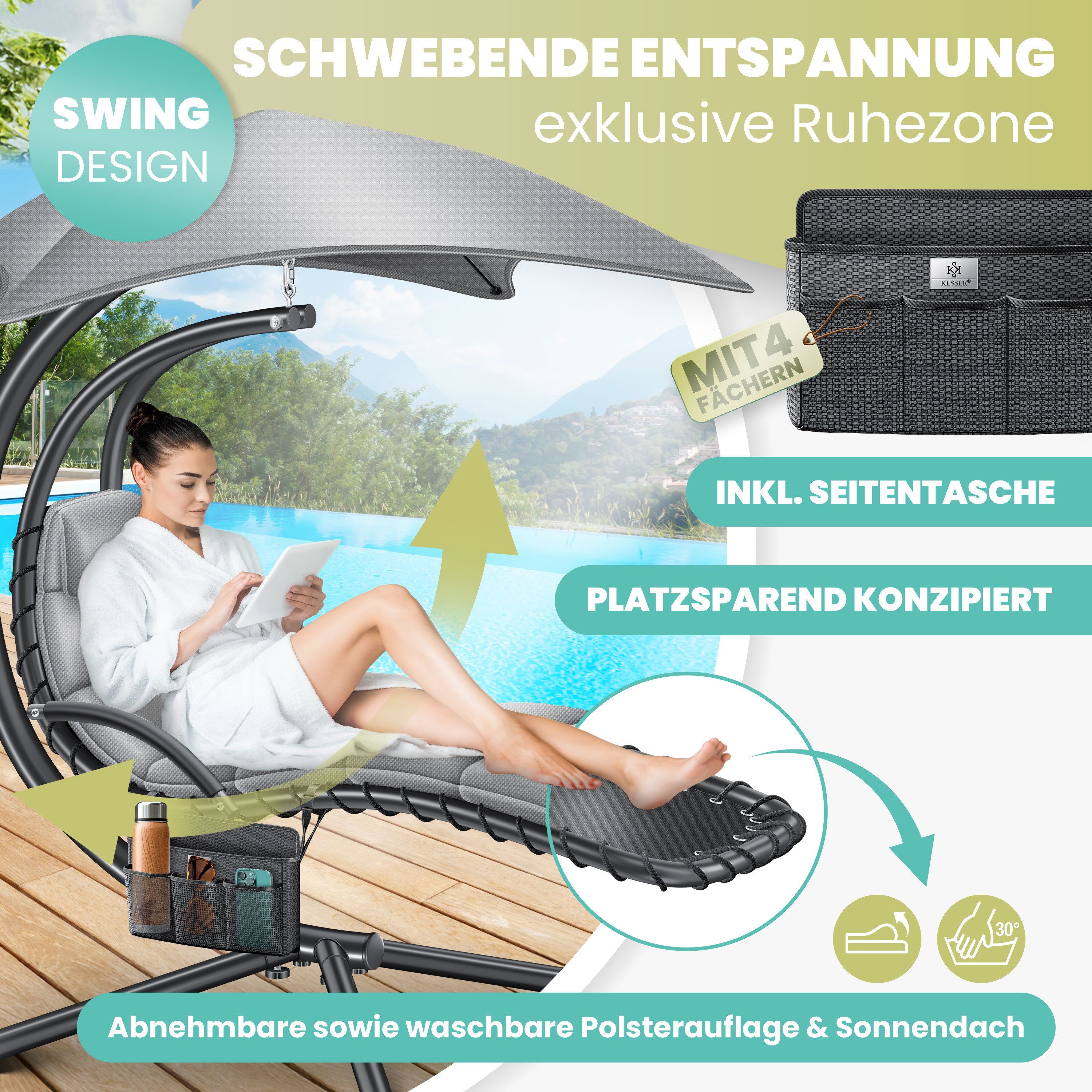 KESSER Gartenliege, Schwebeliege mit Sonnenschirm, Hängeliege Sonnenliege