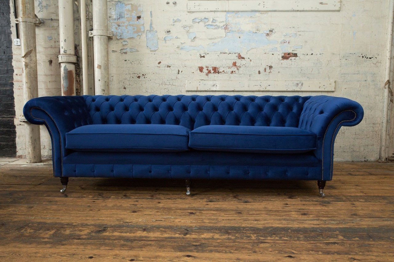 Xlmoebel Chesterfield-Sofa Elegantes Sofa aus blauem Samt und Leder mit Knopfheftungen, Hergestellt in Europa