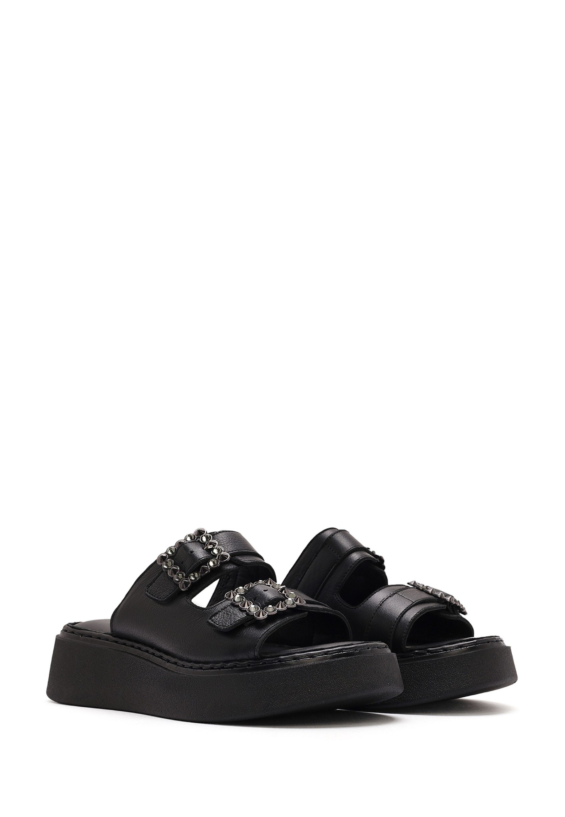 Derimod Pantoletten aus Leder mit Strass-Details Mules Echtes Leder, Slip-On-Stil, Nieten-Schnallen, Plateau-Design