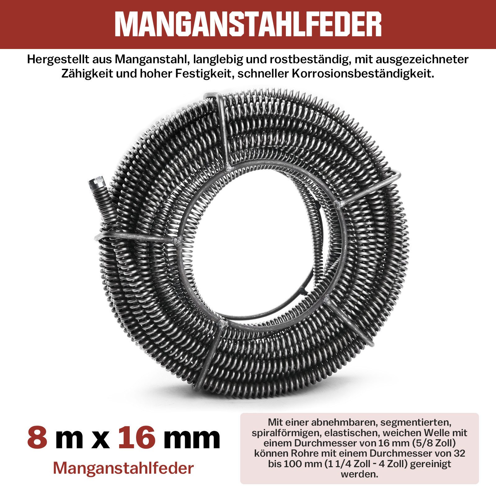 XERSEK Rohrreinigungsspirale Ø16mm x 8m Abflussreiniger Spirale Kanalreinigungsspirale Federspirale, (Einzelstück Rohrreinigungsspirale), Für Rohre Ø32-100mm, Verwendbar mit Rohrreiniger, Rohrreinigergerät