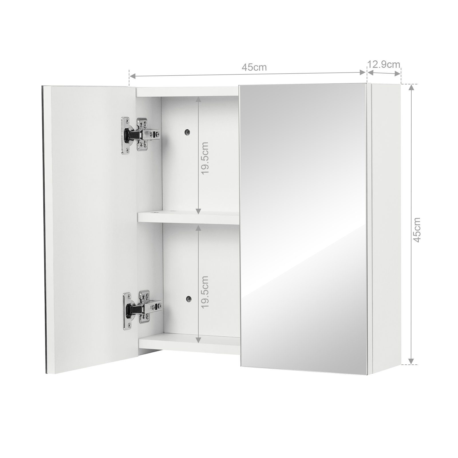 Mondeer Badezimmerspiegelschrank Badezimmerspiegel Hängeschrank, Wandschrank, mit 2 Türen 45 x 12.9 x 45 cm, Weiß – Bild 4 von 5