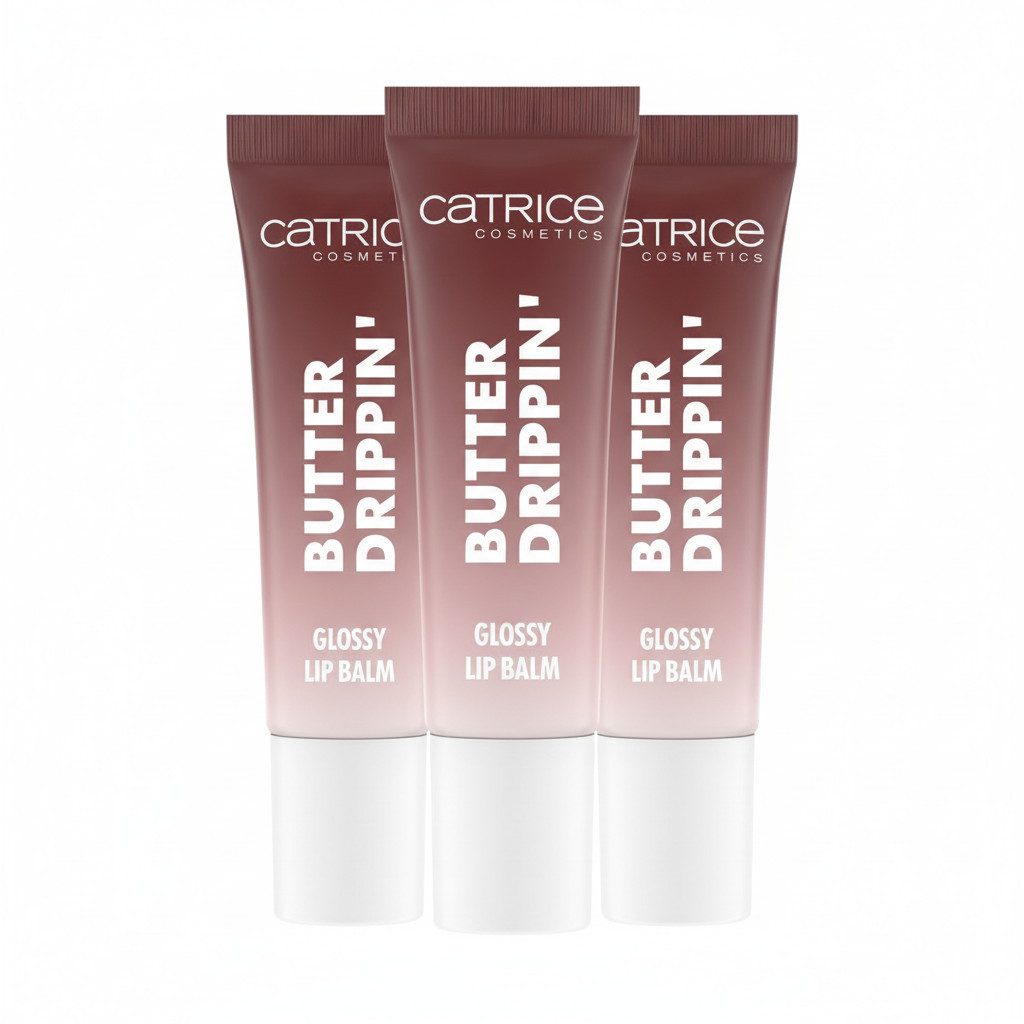 Catrice Lippenbalsam Butter Drippin' Glossy Lip Balm, 3-tlg., Dezenter Farbakzent, geschmeidig, hochglänzend, spendet Feuchtigkeit.