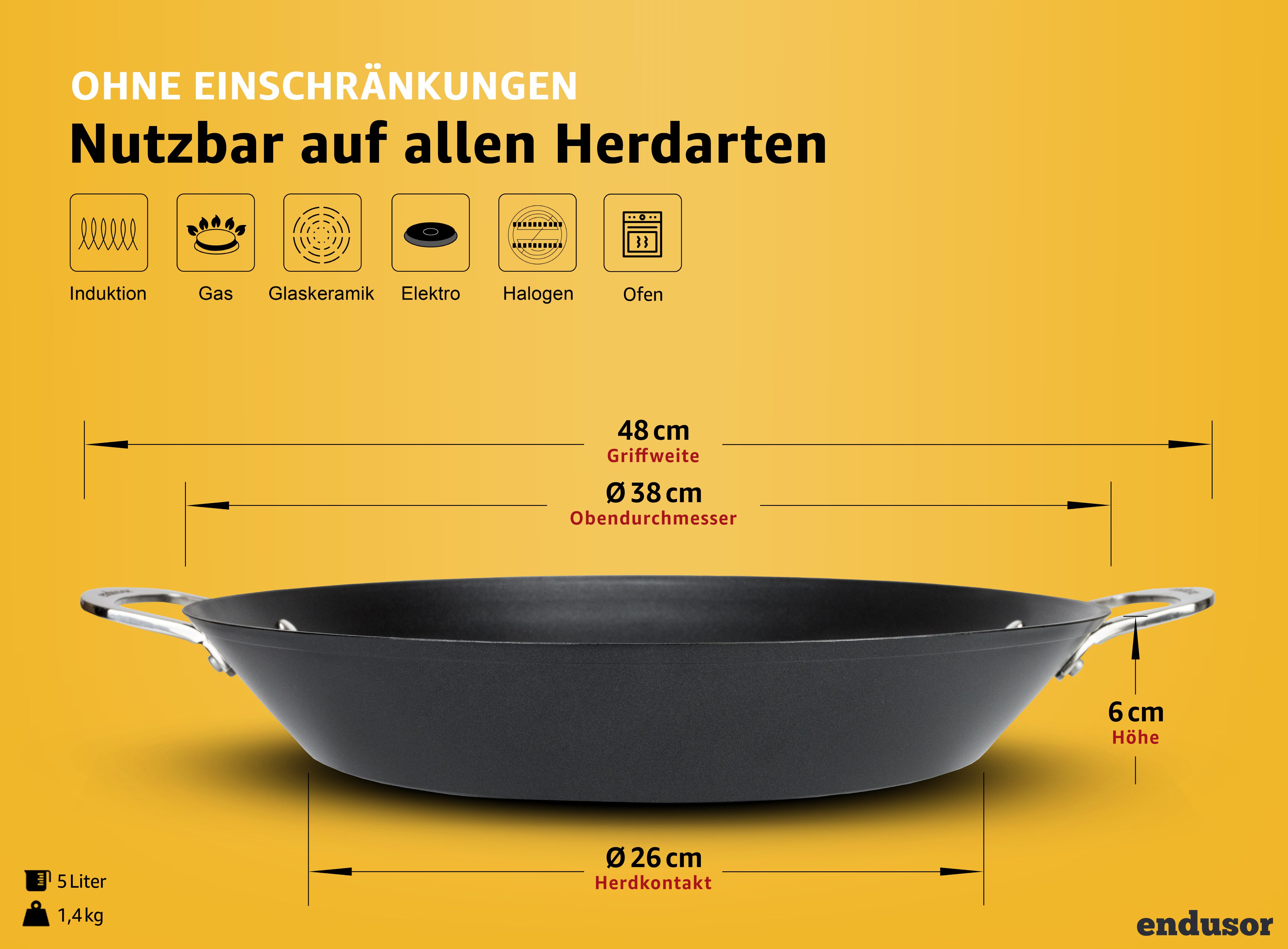 endusor Paellapfanne Paella Pfanne Ø 38 cm für 6-8 Personen, Aluminiumguss (Antihaft-Beschichtung, 5l Fassungsvermögen für 6-8 Portionen), Alle Herdarten + Backofen + Gasgrill, Paellapfanne für Zuhause