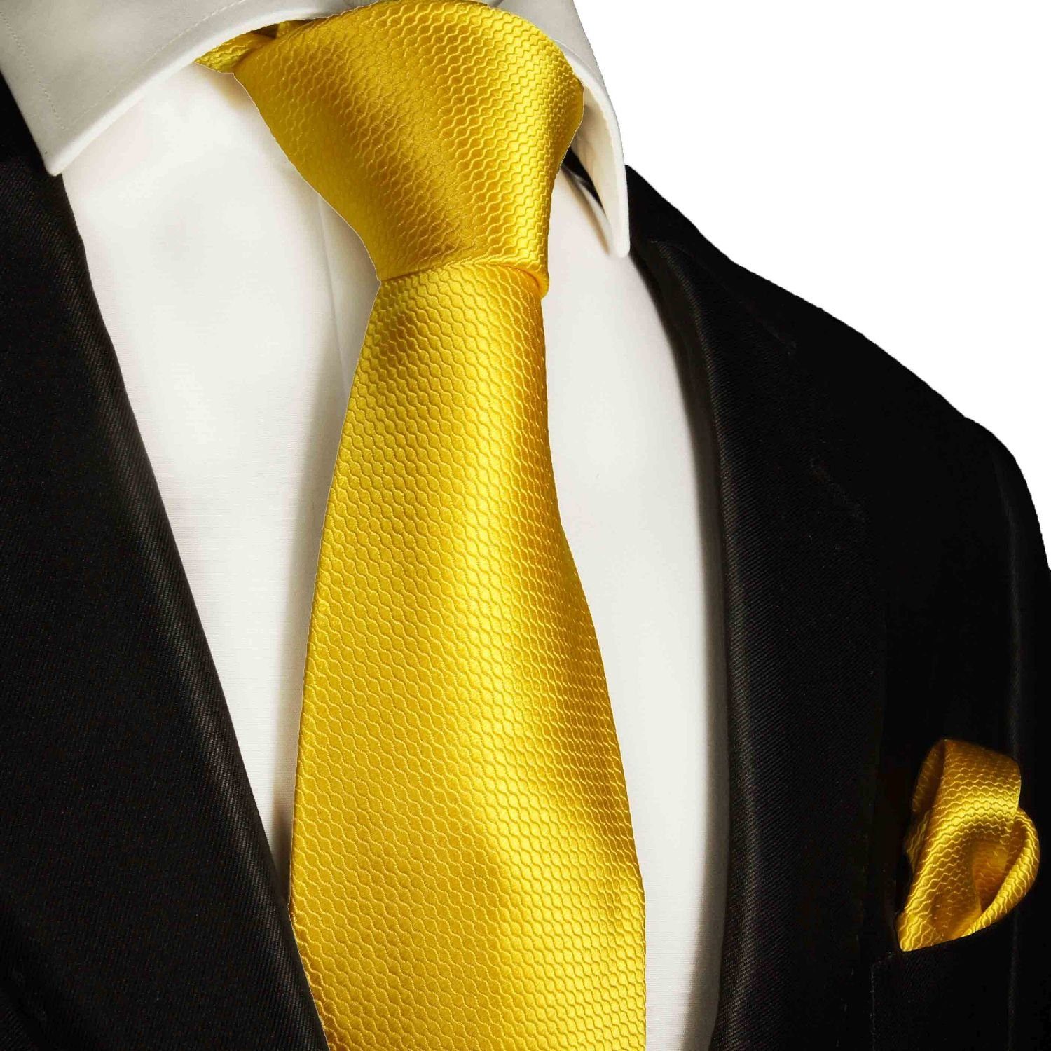 Paul Malone Krawatte Herren Seidenkrawatte und Tuch uni 100% Seide (Set, 2-St., Krawatte mit Einstecktuch) Breit (8cm), gelb 987