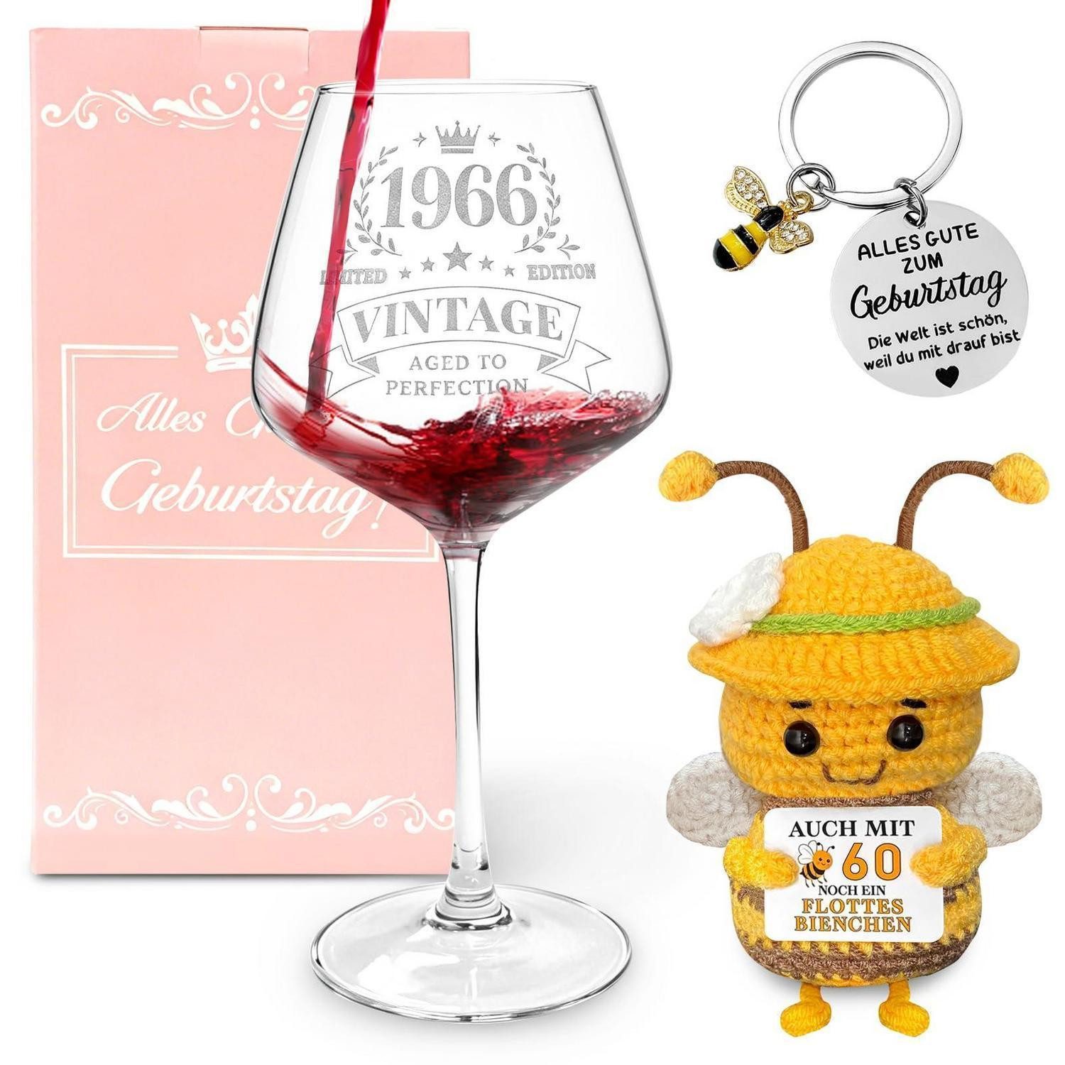 LuxusKollektion Weinglas Geschenkset 60. Geburtstag Weinglas Pocket Hug Biene Schlüsselanhänger