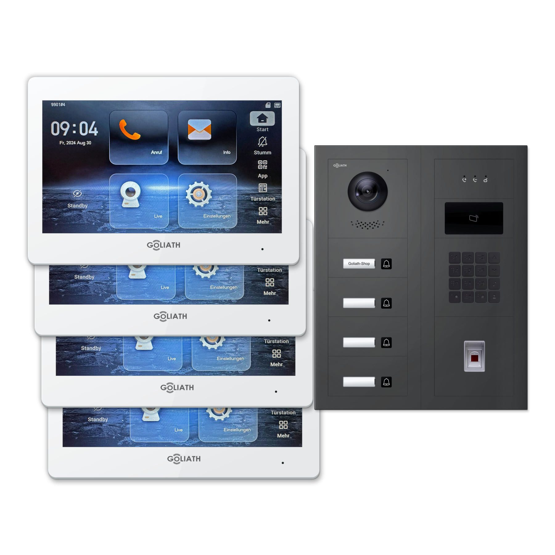Goliath Intercom Video-Türsprechanlage Premium IP Set für 4 Familien – Fingerprint/Zahlencode/RFID (Set)