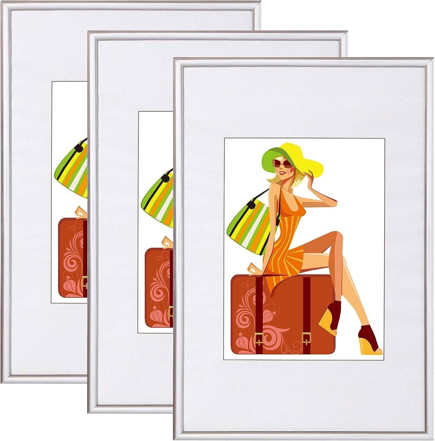 Woltu Bilderrahmen, (Set, 3 St), mit Passepartout Kunststoff Rahmen, Glasvorderseite