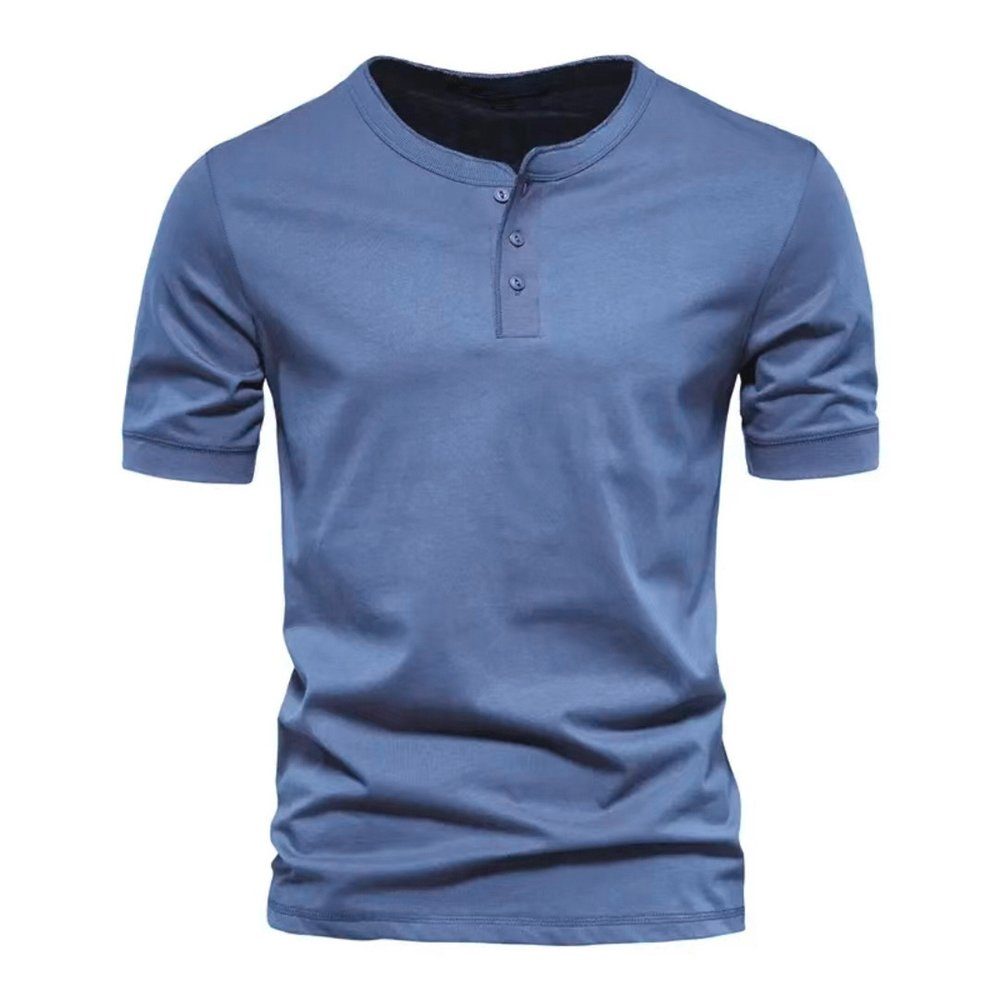 Lapastyle Henleyshirt Herren Kurzarm T-Shirts Oberteile Basic Tops Rundhals Hemden Sommer Einfarbig Knopf Sportshirits Slim-Fit Shirt Blau