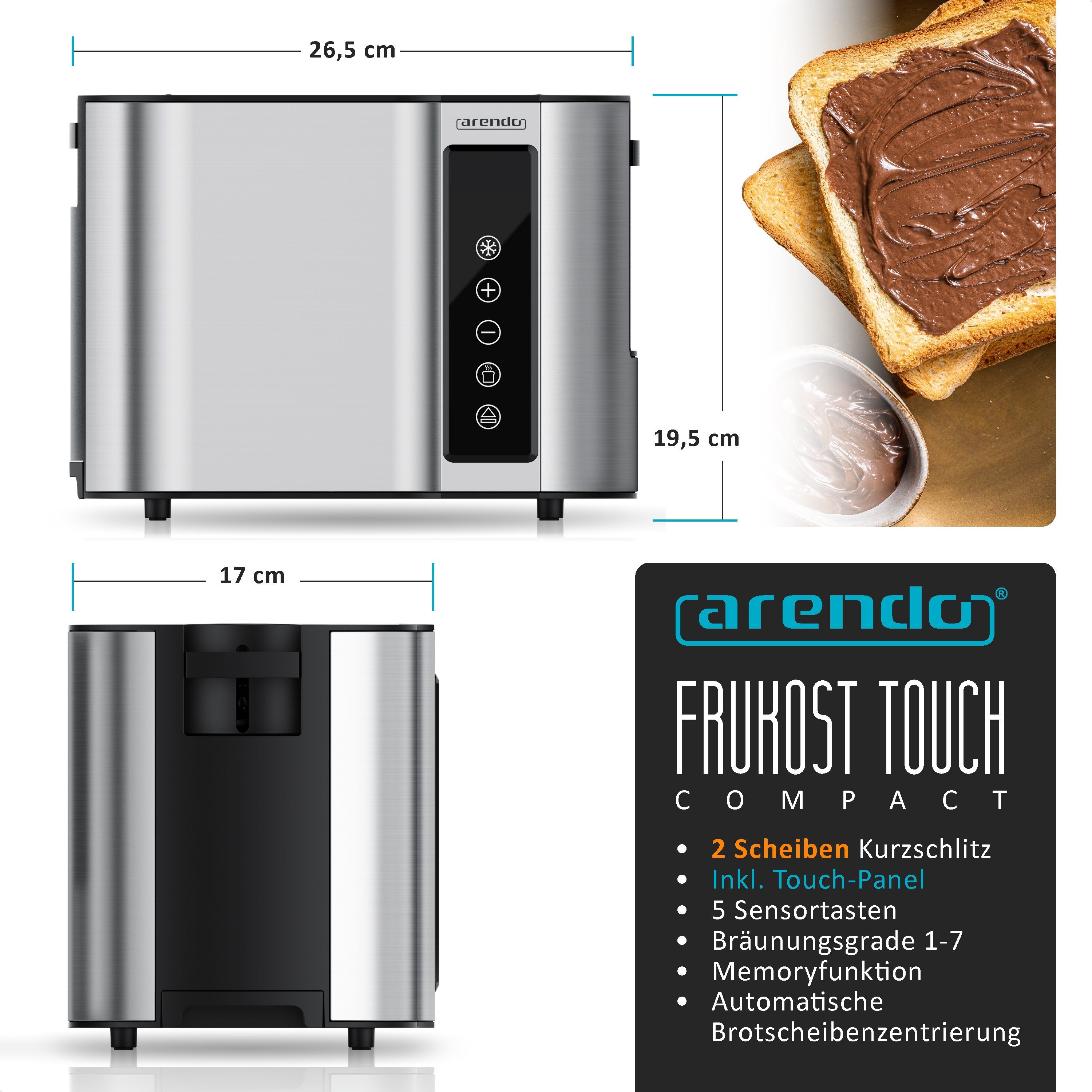 Arendo Toaster 2-Scheiben, Wärmeisoliertes Doppelwandgehäuse, Display Restzeitanzeige, 2 kurze Schlitze, für 2 Scheiben, 800 W, Kurzschlitz, Brötchenaufsatz, 7 Bräunungsgrade, Touchpanel