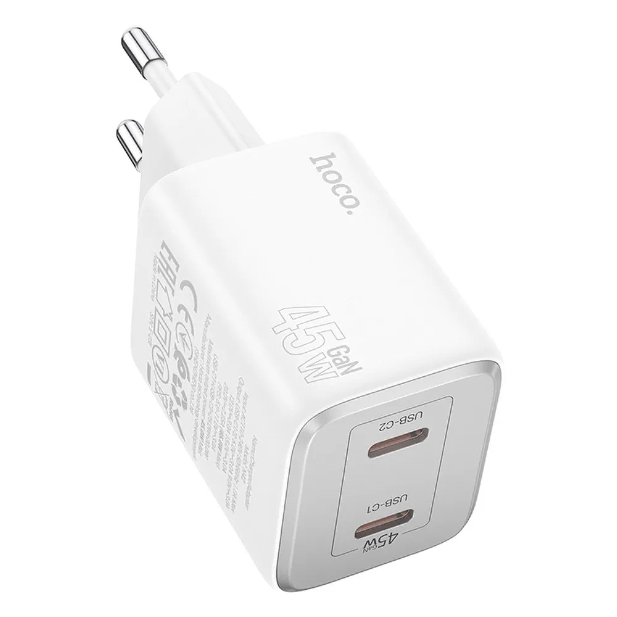 hoco. Schnellladegerät in Weiß GaN-Ladegerät 45W 2x USB Typ C Anschlüsse Smartphone-Ladegerät