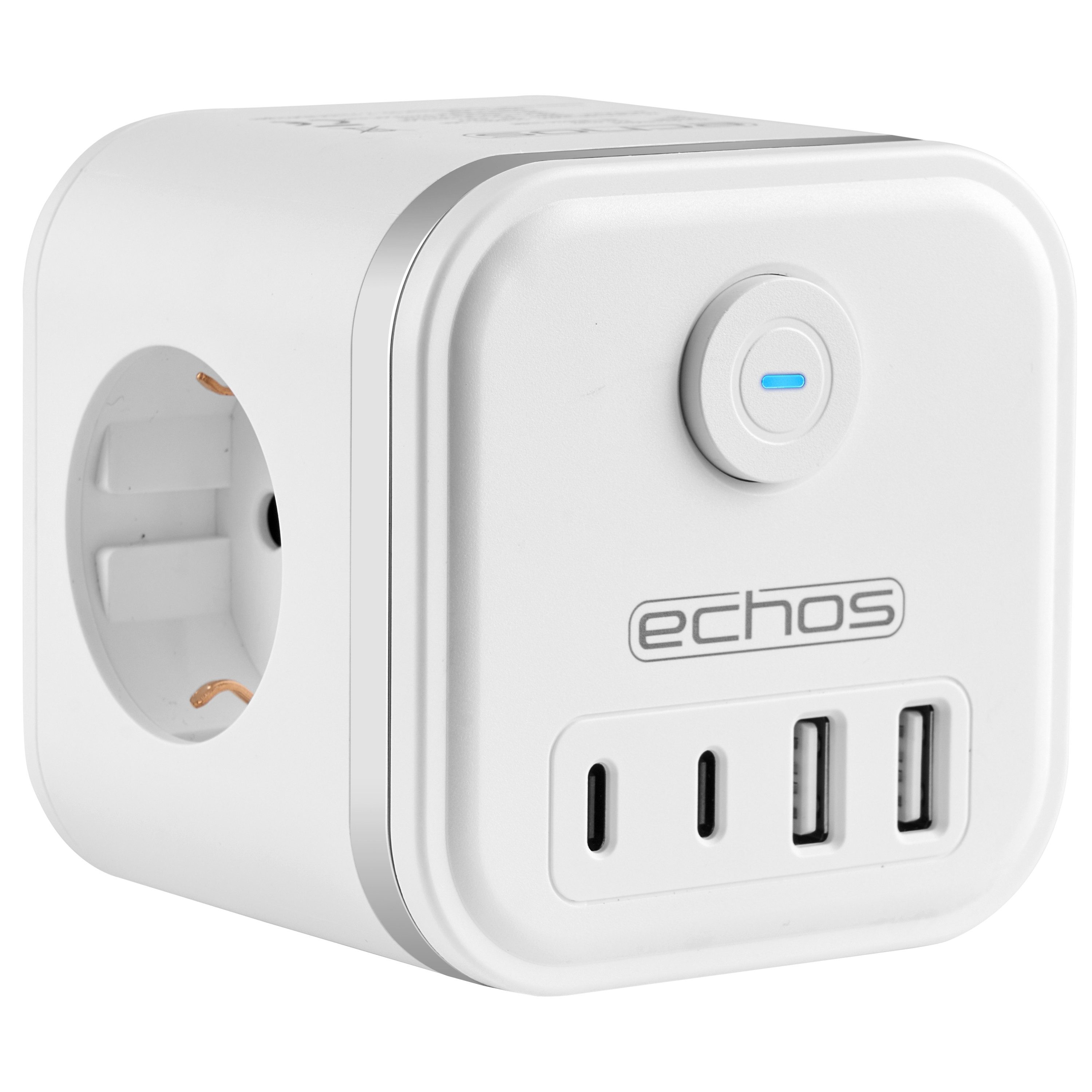 echos Eco-4132 Mehrfachsteckdose 3-fach (Ein- / Ausschalter, USB-Aschlüsse, Überspannungsschutz, Überstromschutz), 7-in-1 Steckdosenwürfel mit 2x USB-A + 2x Typ-C