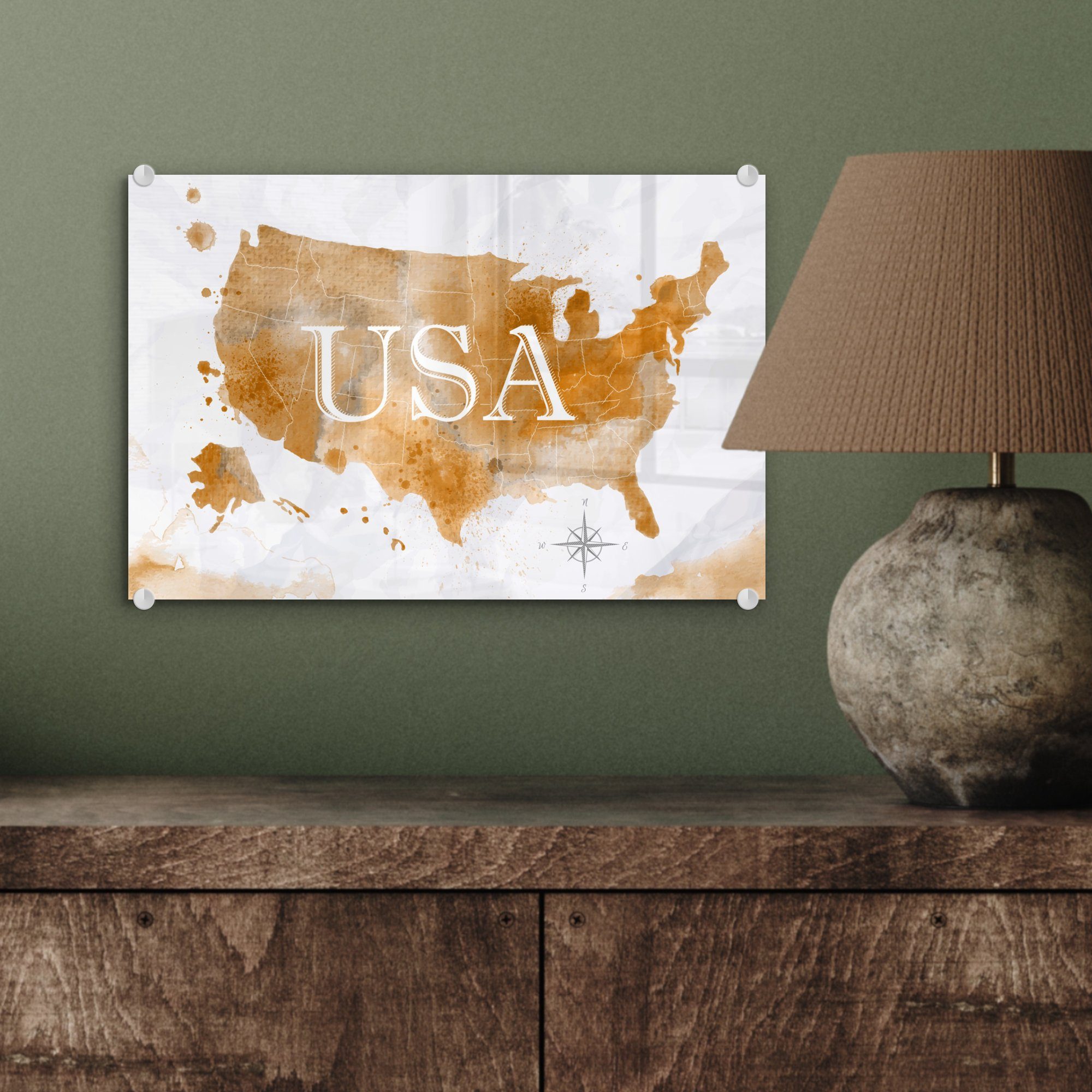 MuchoWow Acrylglasbild Karte Wandbild Amerika Foto (1 - - Bilder - auf Glas - Glas Gold, - Glasbilder auf Wanddekoration St)