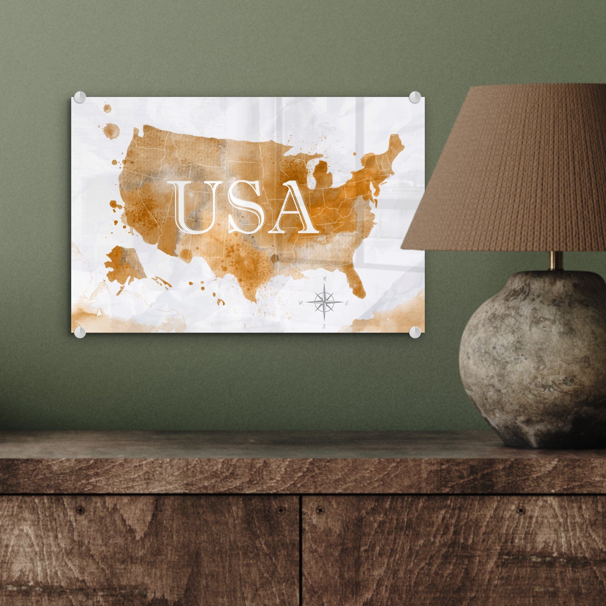 - - Glas Glas MuchoWow Foto Wanddekoration auf Bilder Acrylglasbild Glasbilder (1 - Wandbild - Gold, Amerika - St), auf Karte