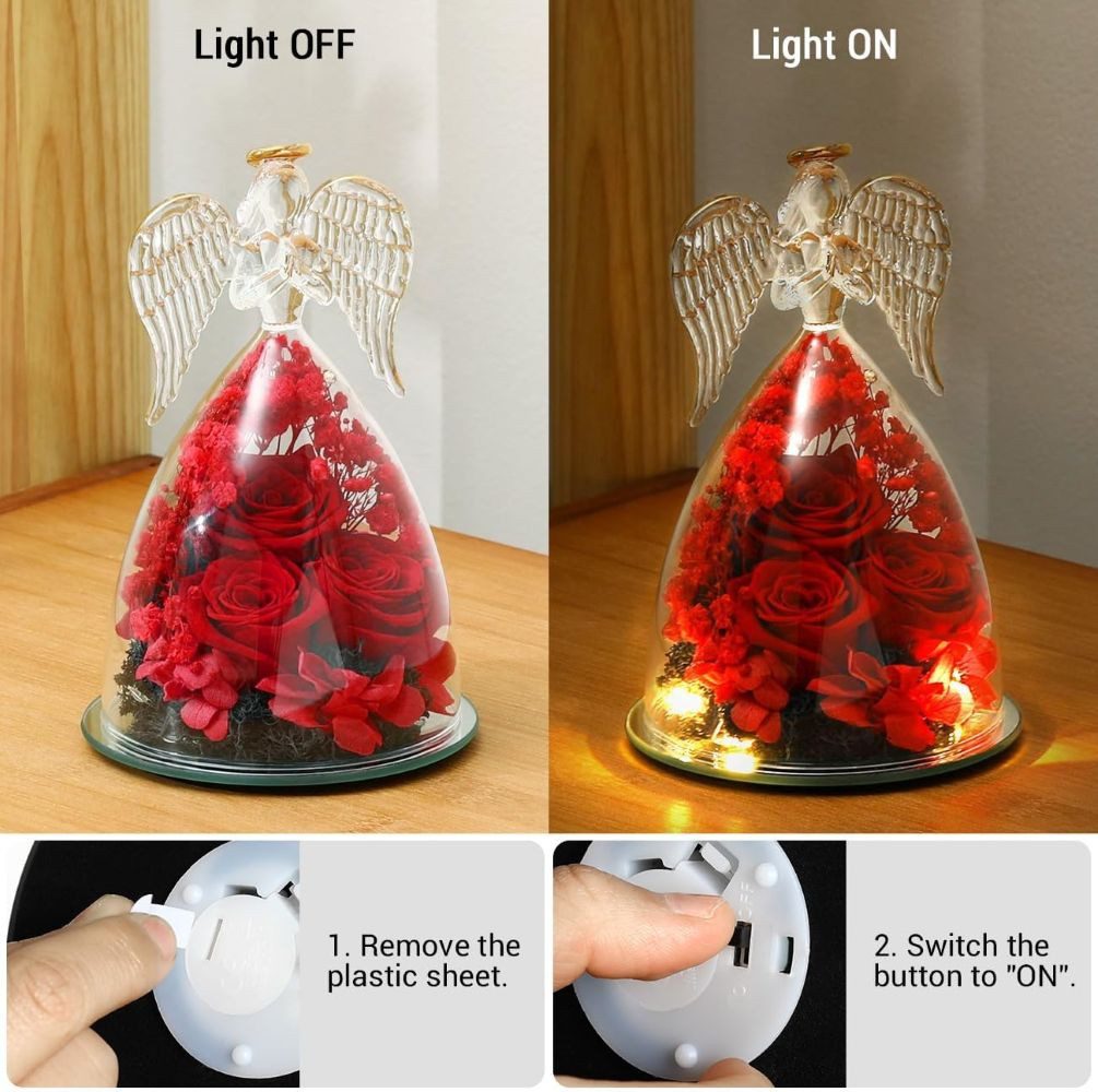 Kunstblume Engel-Glasfigur mit ewiger Rose – drei rote Rosen, LED-Lichter, Tidy