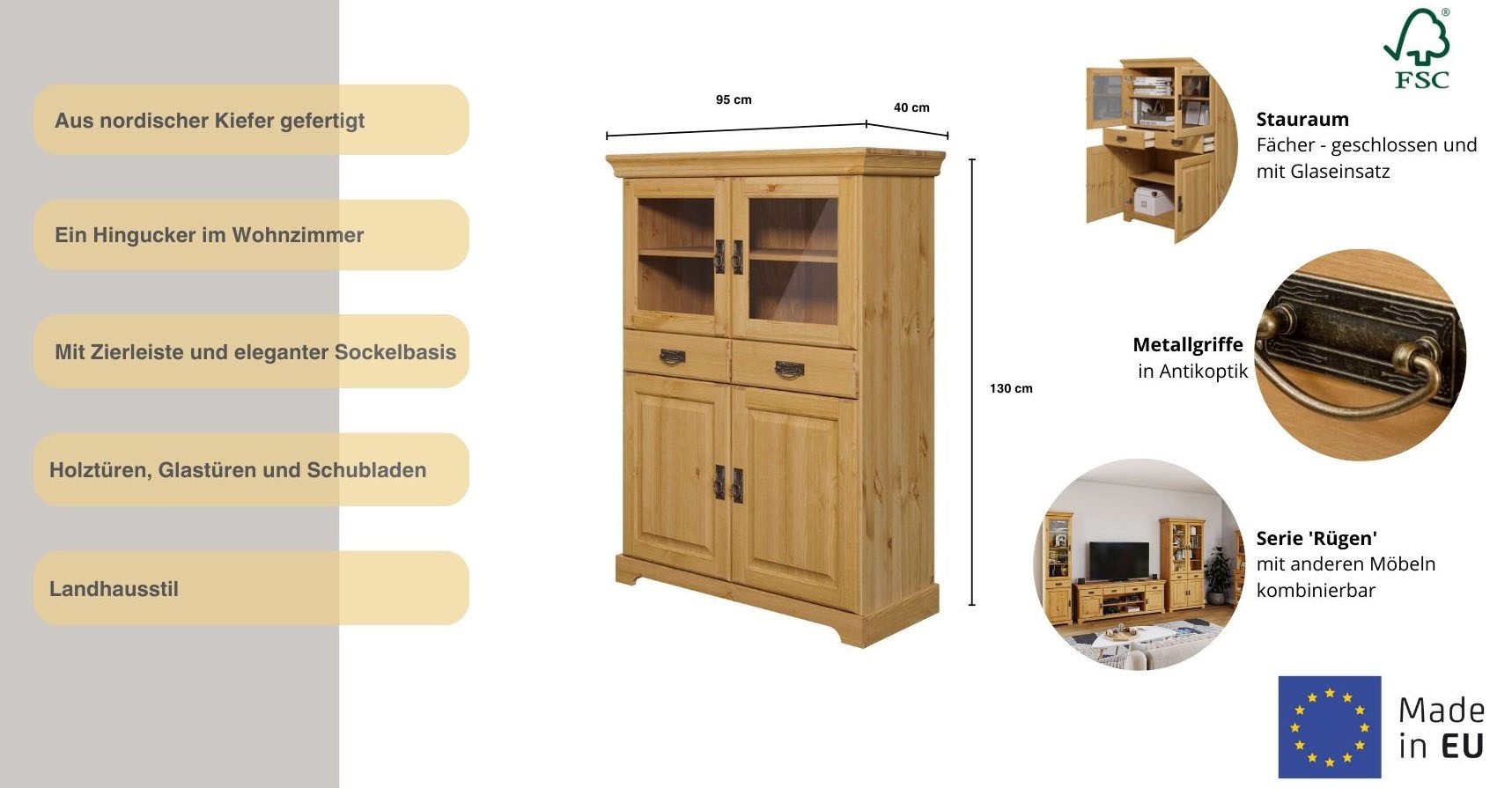 OTTO home Highboard Rügen, Vitrine im Landhausstil, zertifiziertes Massivholz, Höhe 131 cm
