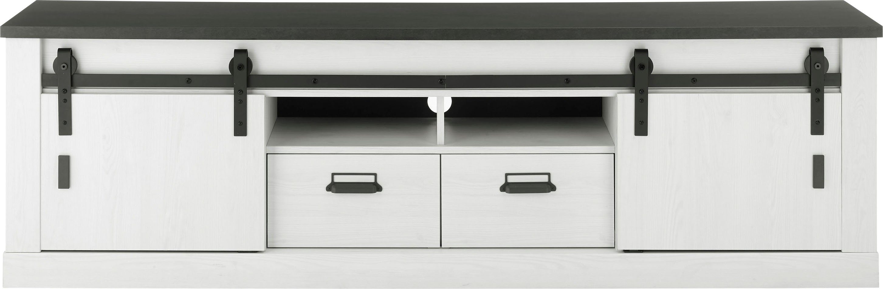 Home affaire Lowboard SHERWOOD, modernes Holz Dekor, mit Scheunentorbeschlag aus Metall, Breite 201 cm