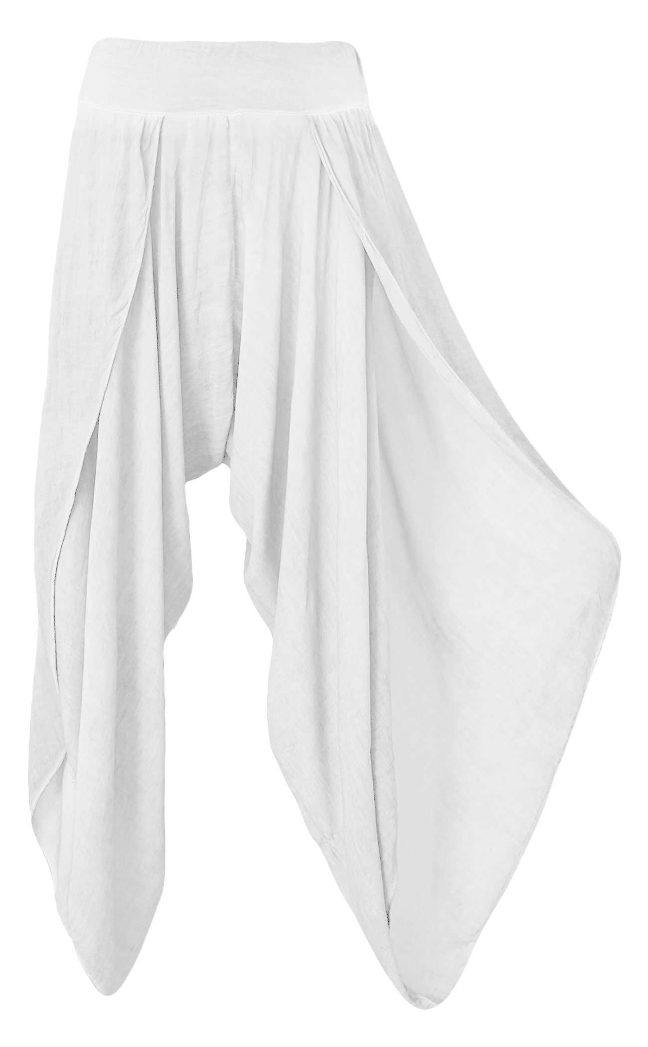 Aurela Damenmode Haremshose Luftige Damen Hosen Sommerhosen mit Beinschlitzen super leichtes Sommergewebe Weiß