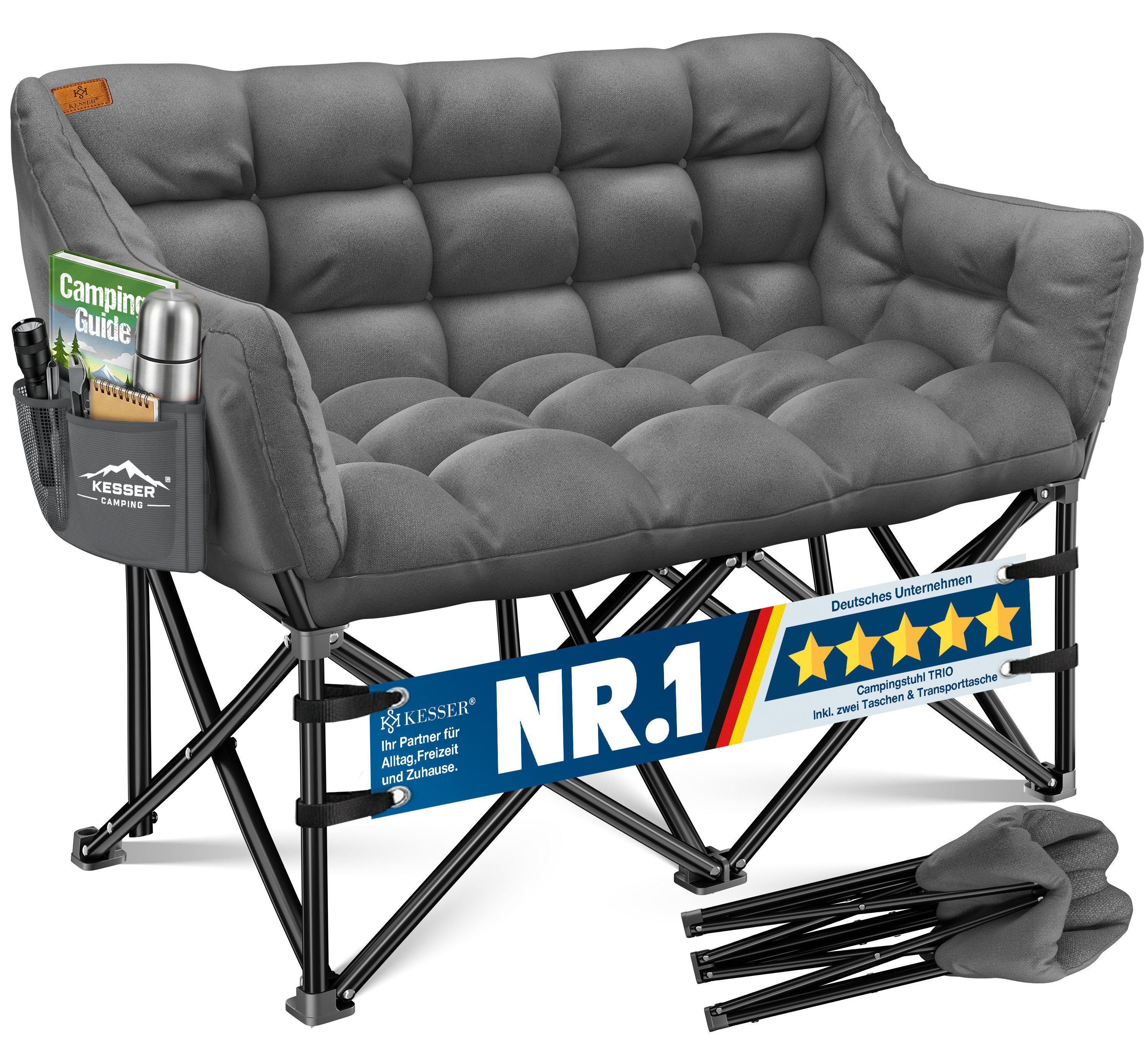 KESSER Campingstuhl für 3 Personen bis 400 kg, faltbar, gepolstert & breit, Indoor & Outdoor, inkl. Tasche & Seitentaschen