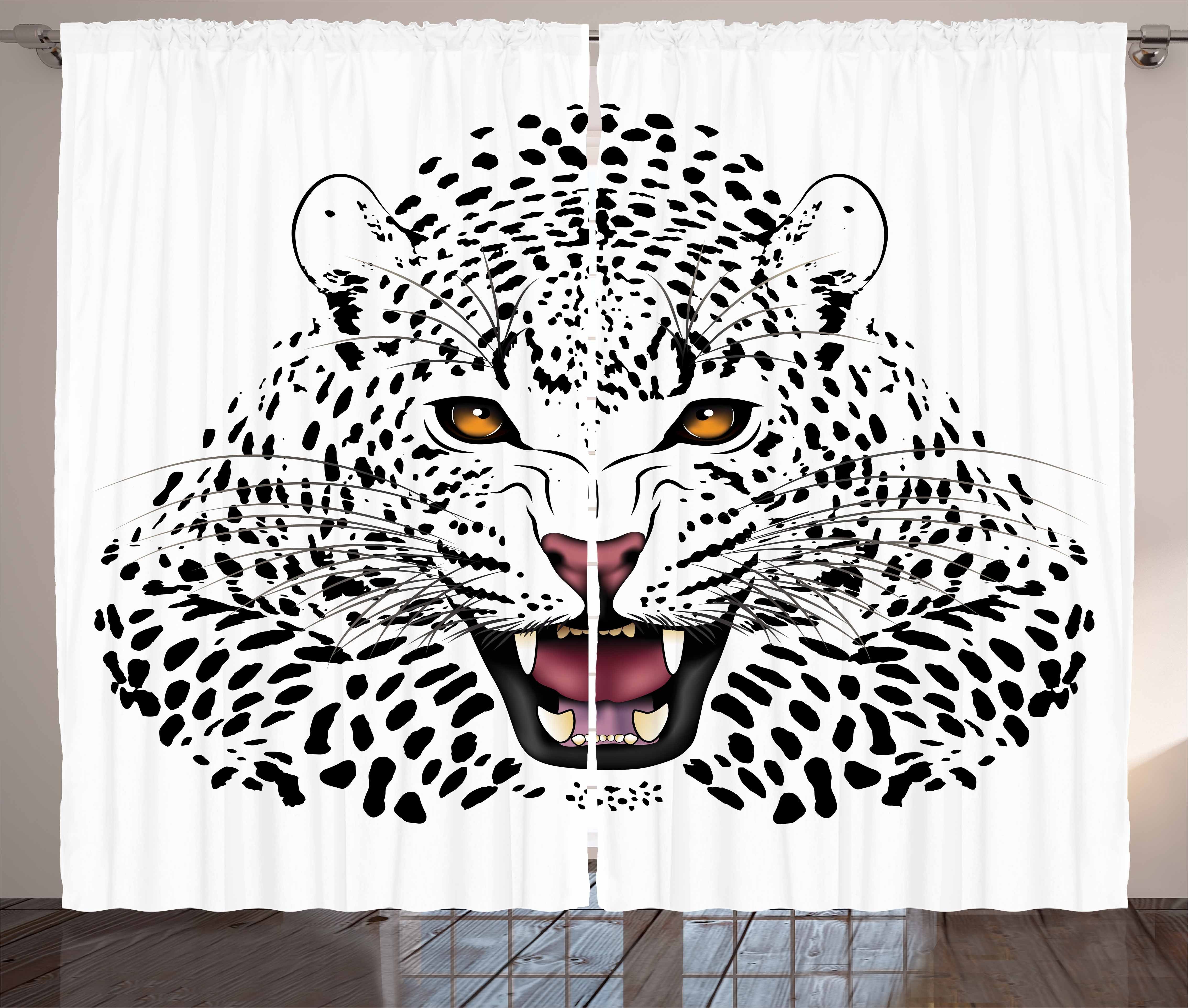 Gardine Schlafzimmer Kräuselband Vorhang mit Schlaufen und Haken, Abakuhaus, Schwarz-Weiss Verärgerter wilder Leopard | Fertiggardinen