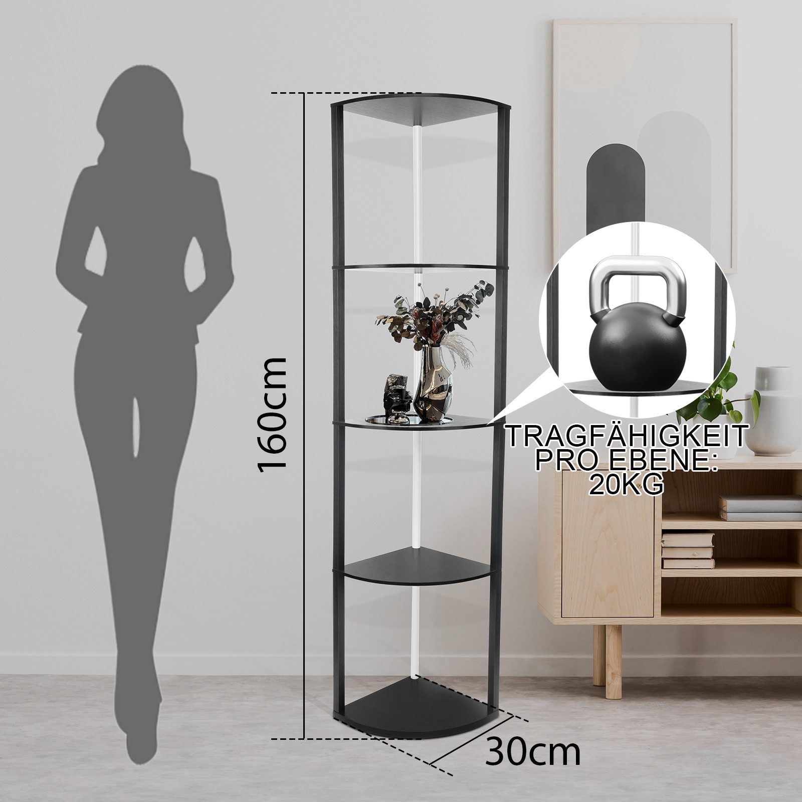 XIIW Eckvitrine LED Eckregal Standregal Bücherregal Vitrine mit APP & Fernbedienung (5 Etagen, 30×30×162 cm, Stehlampe Stehleuchte Regal aus Holz) für Wohnzimmer Schlafzimmer Flur Büro