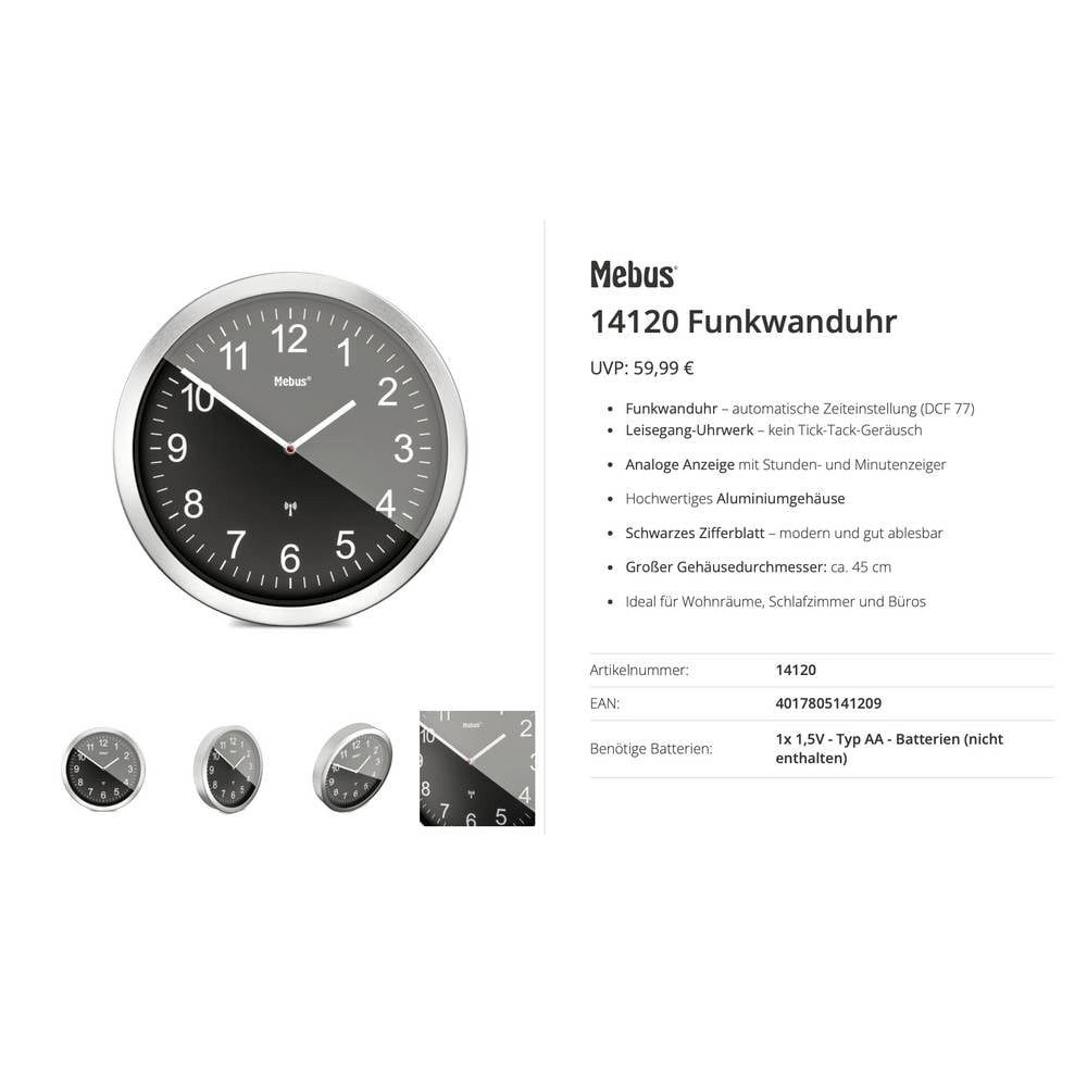 Mebus Wanduhr 14120 Funk Funkuhr 45 cm Aluminium Leisegang-Uhrwerk (Leisegang-Uhrwerk)