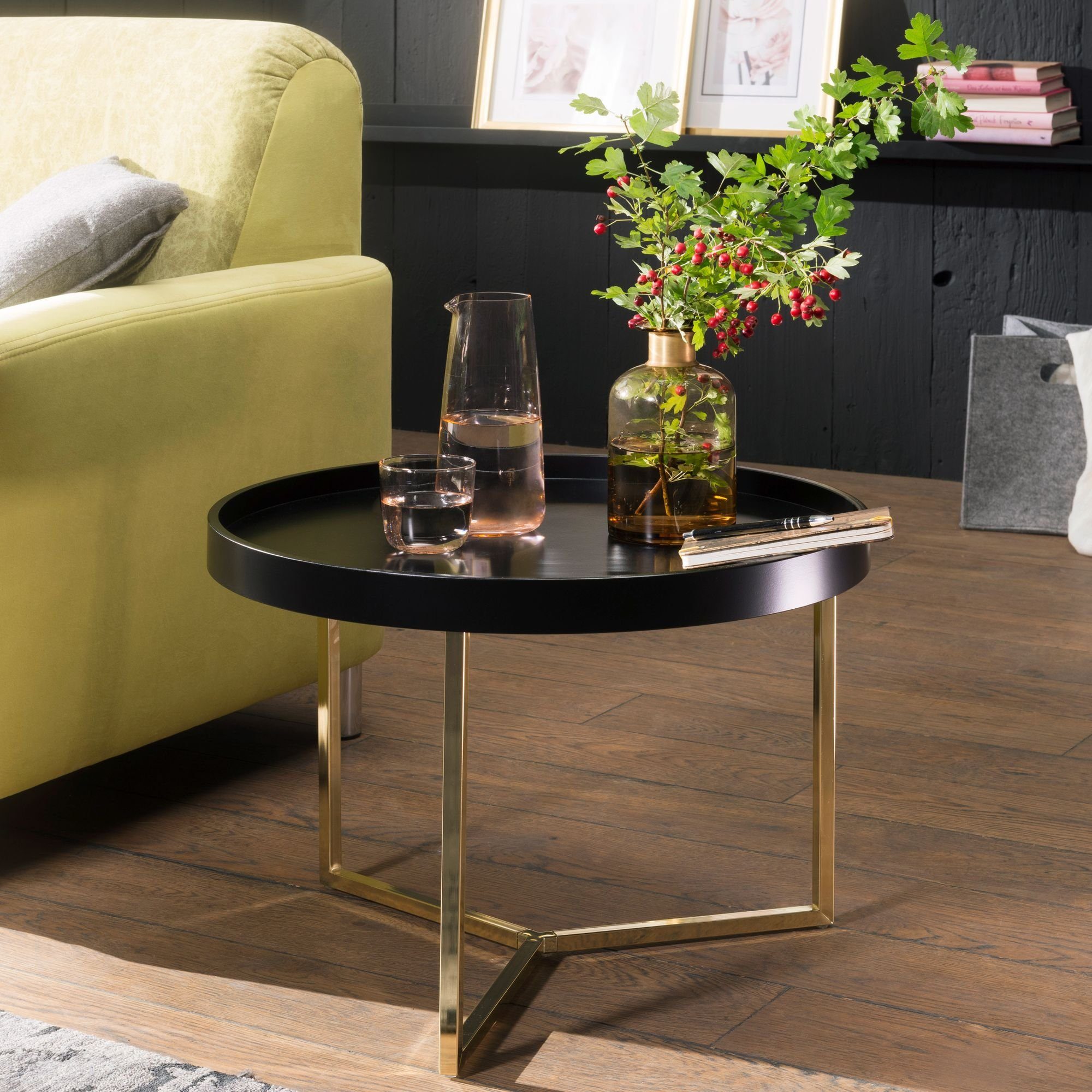 FINEBUY Couchtisch SuVa13943_1 (58,5x42x58,5 cm Schwarz / Gold, Sofatisch Rund), Wohnzimmertisch Modern, Tabletttisch Metallgestell Schwarz | Gold | Schwarz