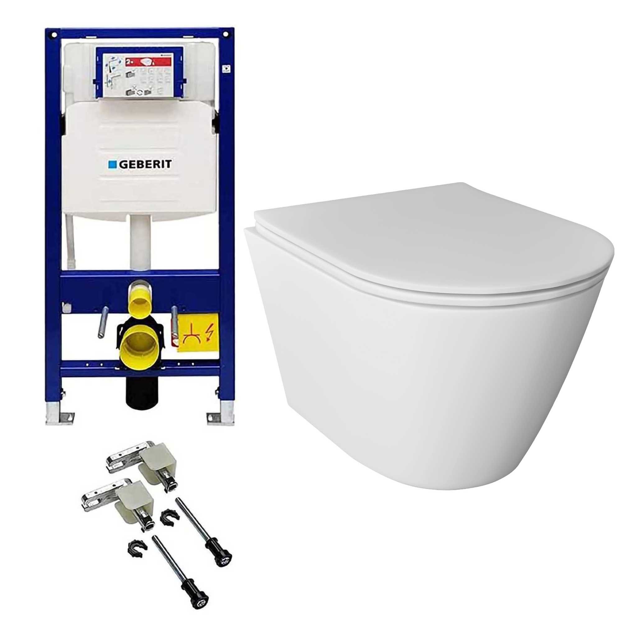 Alpenberger WC-Komplettset Spülrandloses WC – Toilette mit WC Deckel mit Absenkautomatik - Weiß, Wand Montage, (Hänge WC mit Geberit Spülkasten mit Geberit Duofix Bausatz), Vorwandelement WC Set Komplett