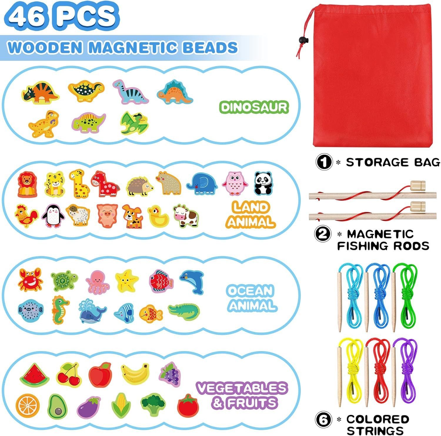 POPOLIC Lernspielzeug 2 in 1 Fädelspiel Montessori Spielzeug (46 Psc Magnetisches Angelspiel Spiele ab 2 3 Jahre - Obst GemüSe Tiere Holzspielzeug, 1-St), Lernspiele Motorikspielzeug Geschenk für Kinder