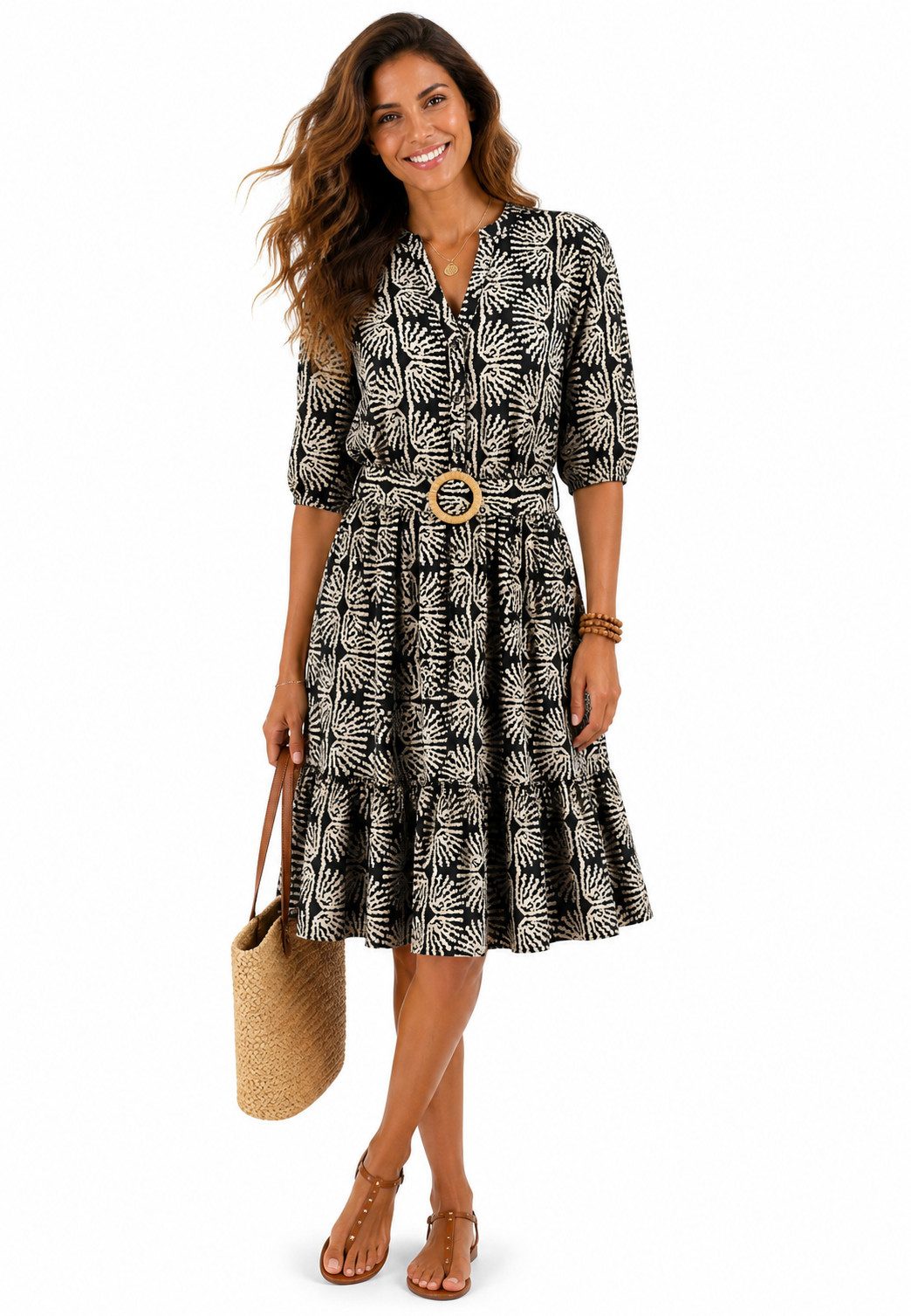 SUBLEVEL Sommerkleid Sommerkleid mit Print und Gürtel Freizeitkleid 3/4 Arm Kleid Volant