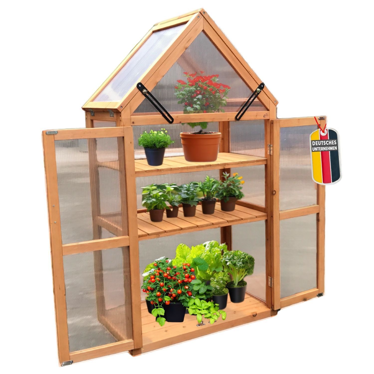 Coemo Hochbeet (1 St), Braun Treibhaus, Tomatenhaus, mit Dachfenster Türen, Holz 65x40x120 cm