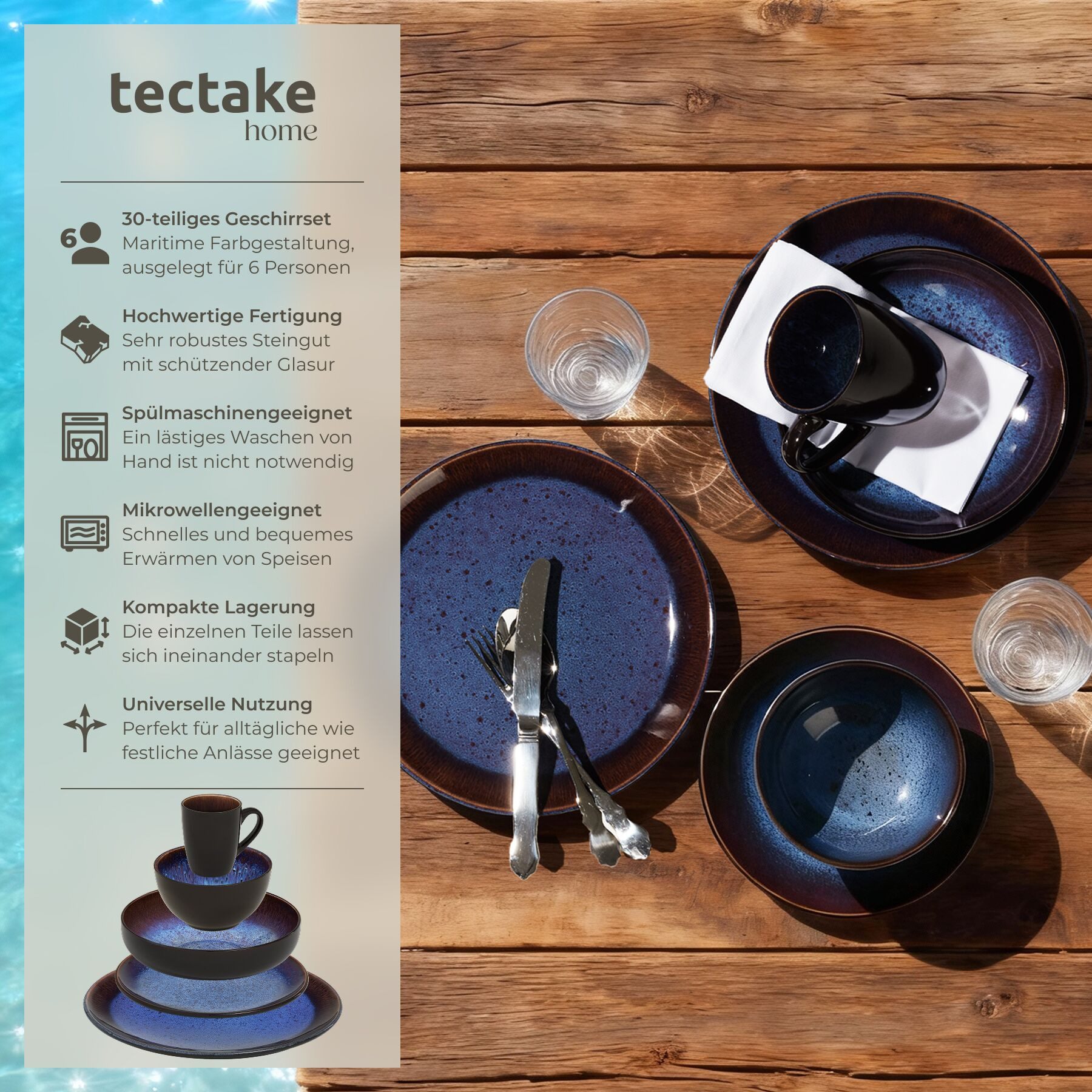 tectake Geschirr-Set Tafelservice aus Steingut für 6 Personen, ineinander stapelbar (30-tlg), 6 Personen, Steingut, handgefertigt, mit Glasur, spülmaschinen- un – Bild 2 von 5