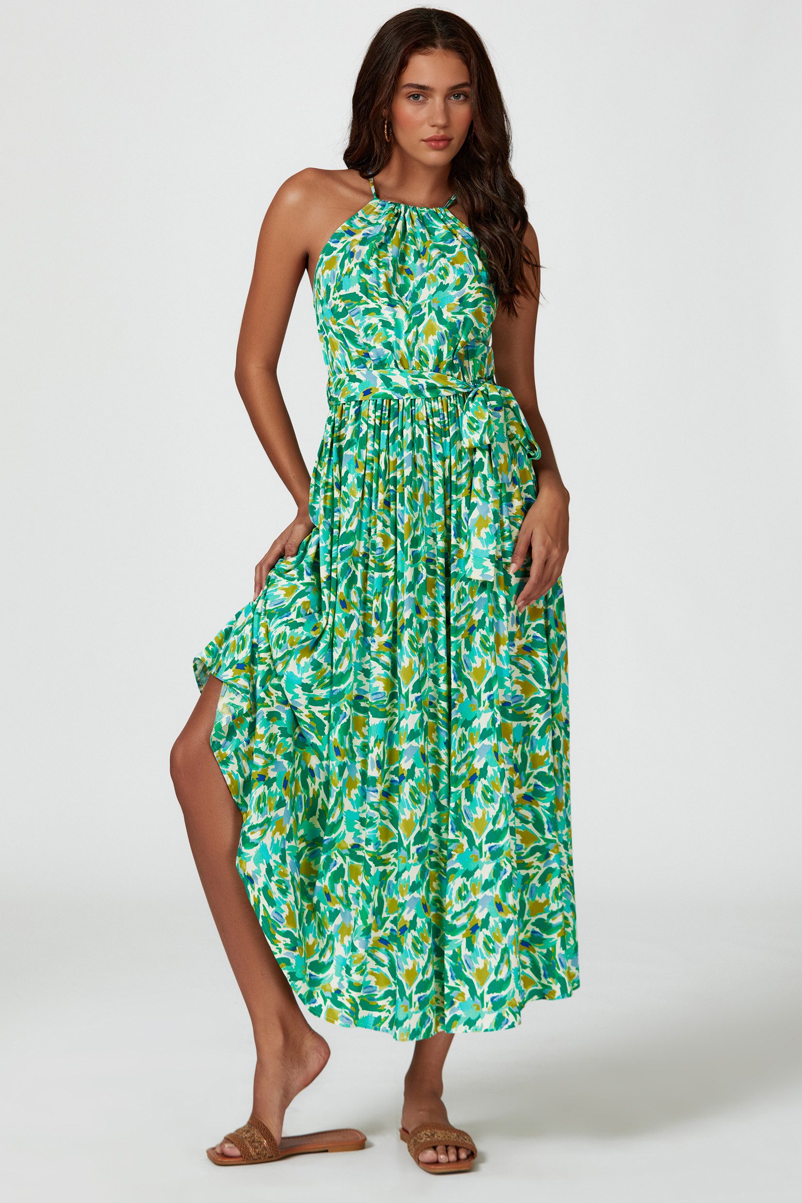 FS Collection Maxikleid Damen Maxikleid Sommerkleid Trägerkleid Ärmellos (XS (EU:36 / UK:8) · S (EU:38 / UK:10) · M (EU:40 / UK:12) · L (EU:42 / UK:14) · XL (EU:44 / UK:16), 5 Farben : Weiß-Pink, Pink, Grün, Marineblau, Offwhite-Grün) Bindegürtel, floraler Print, fließender Fall, Trägerdesign