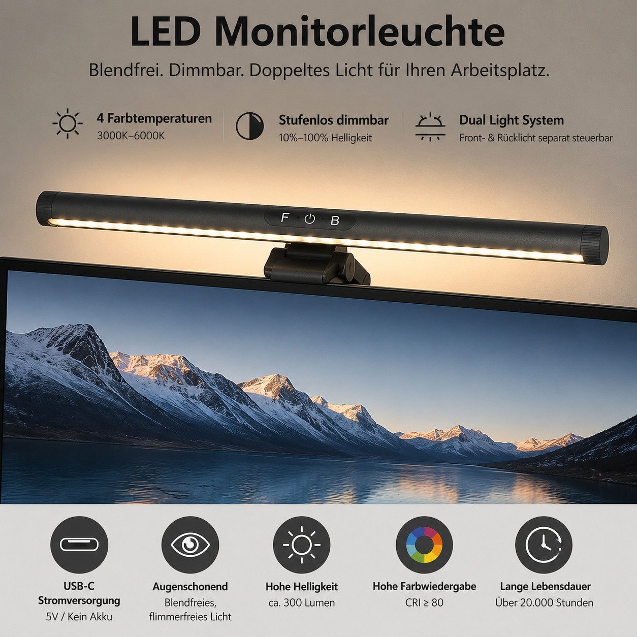 Cozy Vent LED Schreibtischlampe LED Monitorleuchte dimmbar Dual Light 3000–6000K USB-C, LED fest integriert