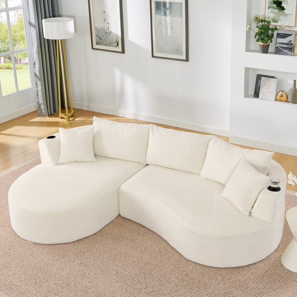 BBWL Sofa Bogenförmig Kordstoff Chaiselongue mit Getränkehalter vakuumverpackt, 3-Sitzer Kompressionssofa für Wohnzimmer Büro