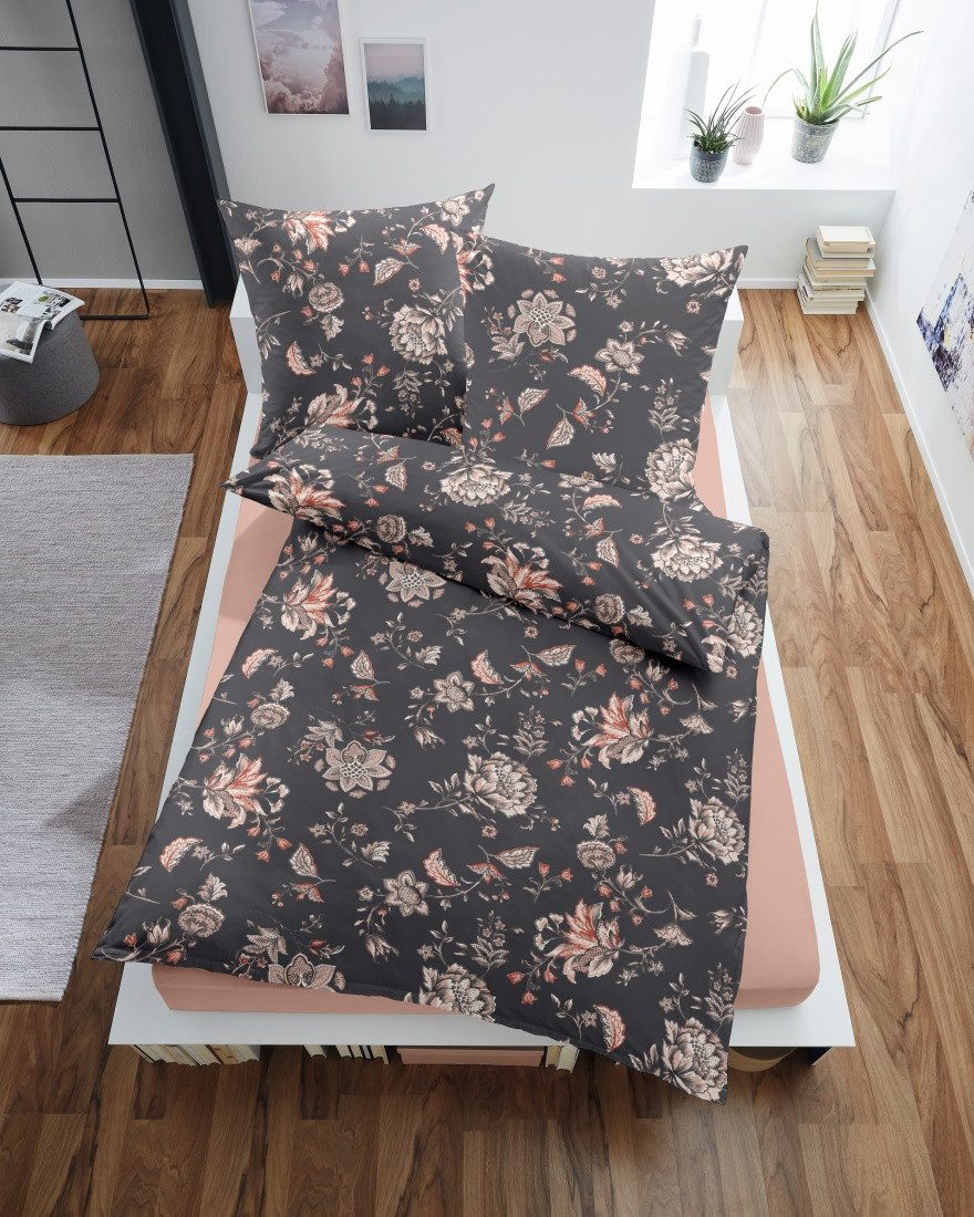 Dormisette Bettwäsche Baumwoll Satin Bettwäsche LEAVES 2086, Satin, 2 teilig, modernes Blütenarragement auf edlem dunklen Fond