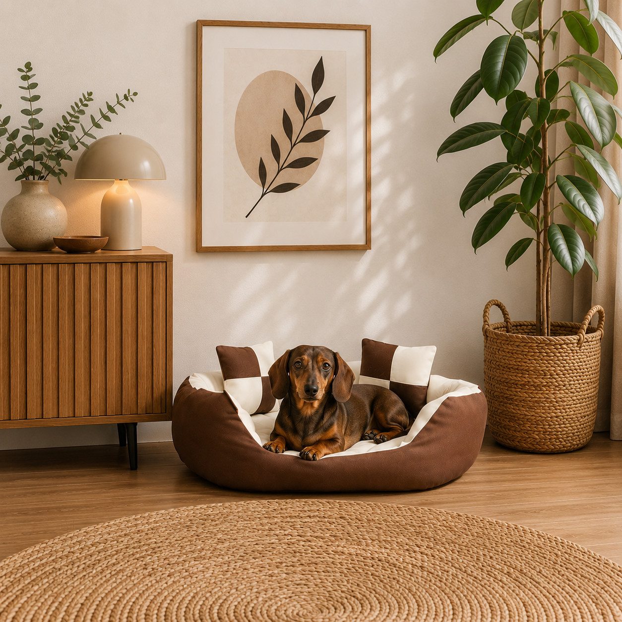 belviona Tierkissen, Hundekörbchen wasserabweisend, 65x50 cm, braun/beige, Oxford, Hundebett mit Wendekissen, tiefer Einstieg & 2 Spielkissen