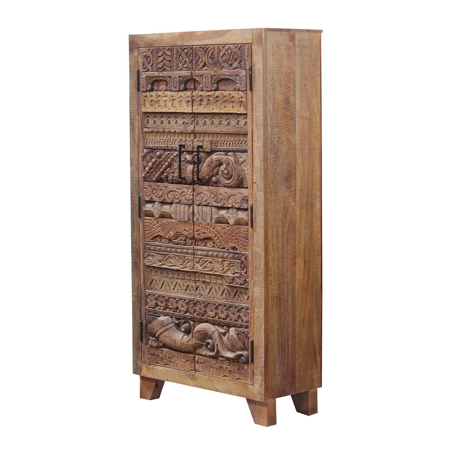 Casa Moro Drehtürenschrank Indischer Schrank Maruf 90x40x180 cm (B/T/H) 2 türig mit handgeschnitzter Front im Puzzle Design, schmale, hohe Echtholz Kommode, Hochkommode für einfach schöner Wohnen, CAC20301350 (1-St) Kunsthandwerk