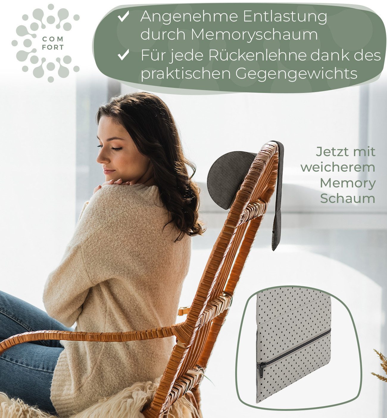 Well B4 Nackenrolle für Sessel mit Gegengewicht, Nackenkissen Sofa Couch hängend, Nackenstütze für Kopfteil Bett, Kopfkissen für Liegestuhl, 100% Memory Schaum