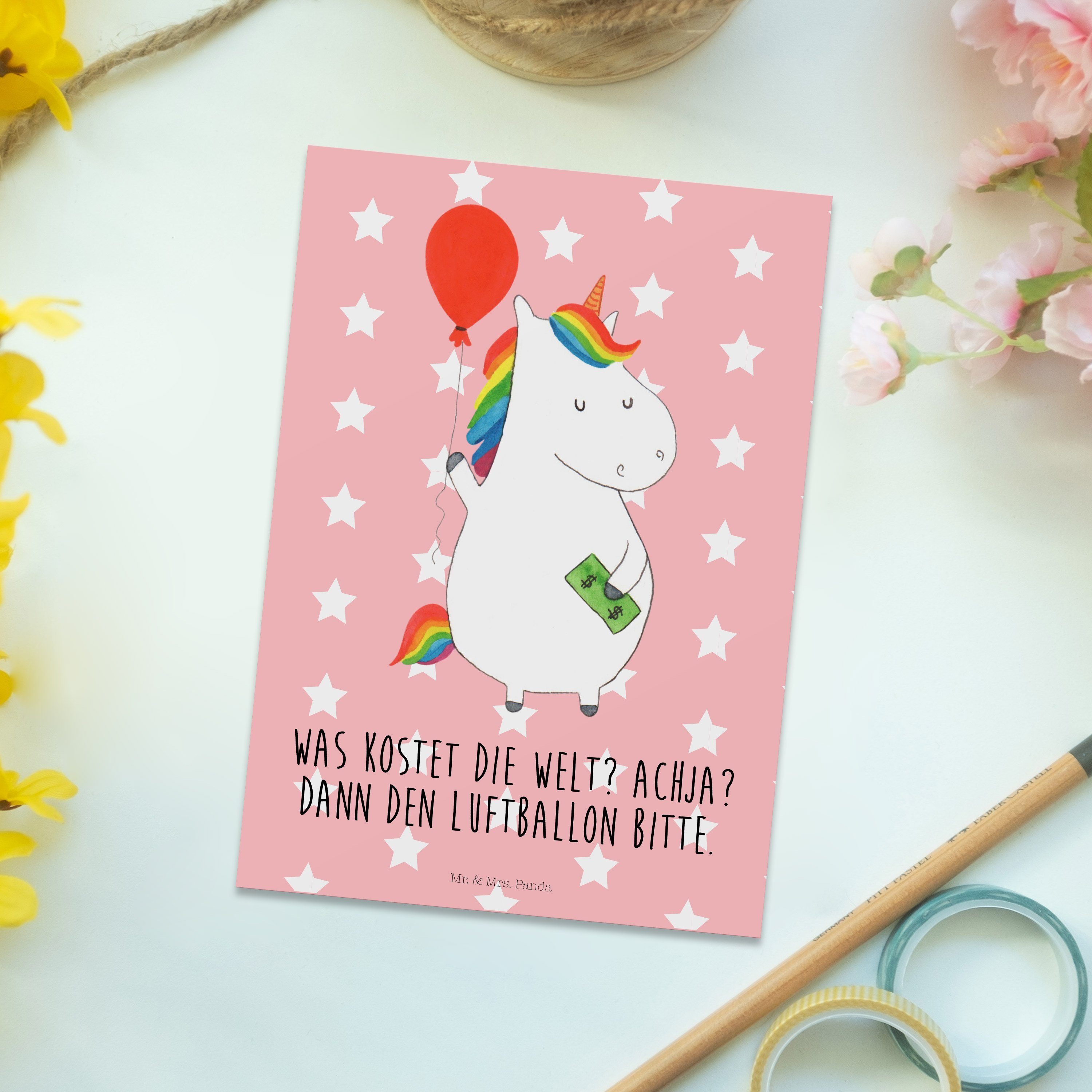 Postkarte Pastell Mrs. & Mr. Einhorn Pegasus, Geschenk, Lebensl Panda Rot - - Freude, Luftballon